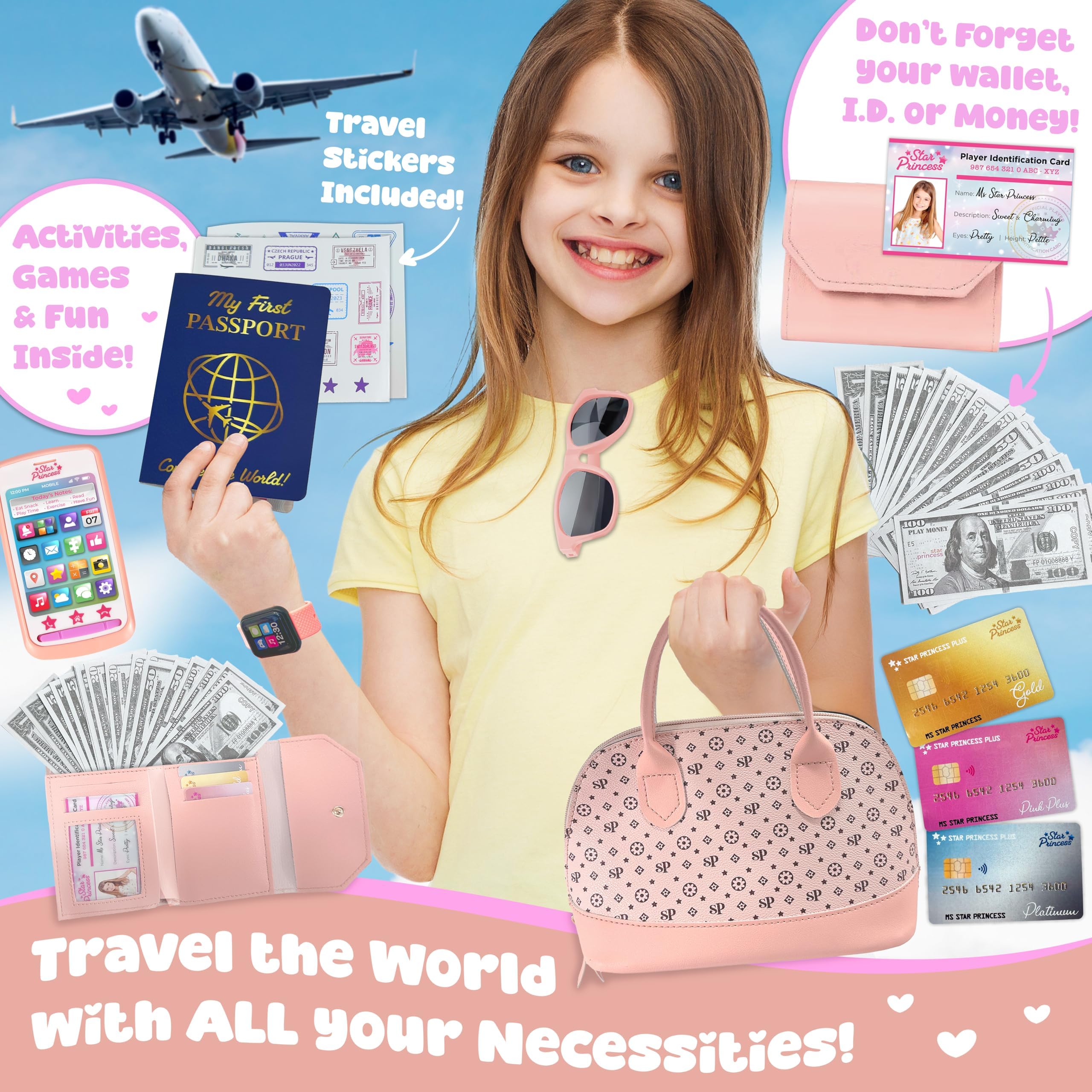 Bolsa de juego para niñas pequeñas, juego de juguetes de simulación para niños, incluye bolso, maquillaje, teléfono, cartera, reloj inteligente, pasaporte, tarjetas de crédito, llaves, ideas de regalo 3
