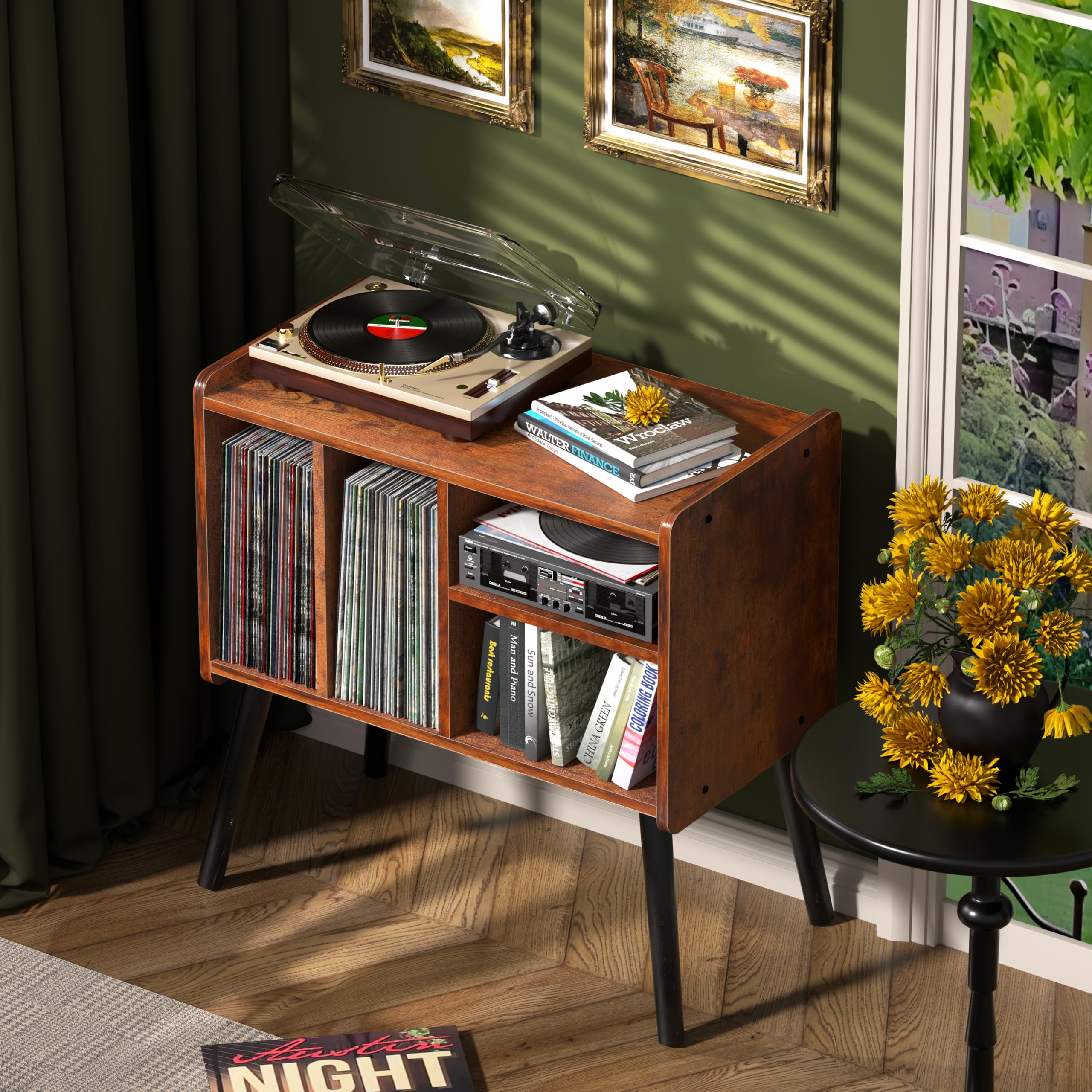 Tavolo per giradischi della metà del secolo con deposito in vinile per fino a 150+ album, armadietto in vinile con ripiani regolabili, marrone