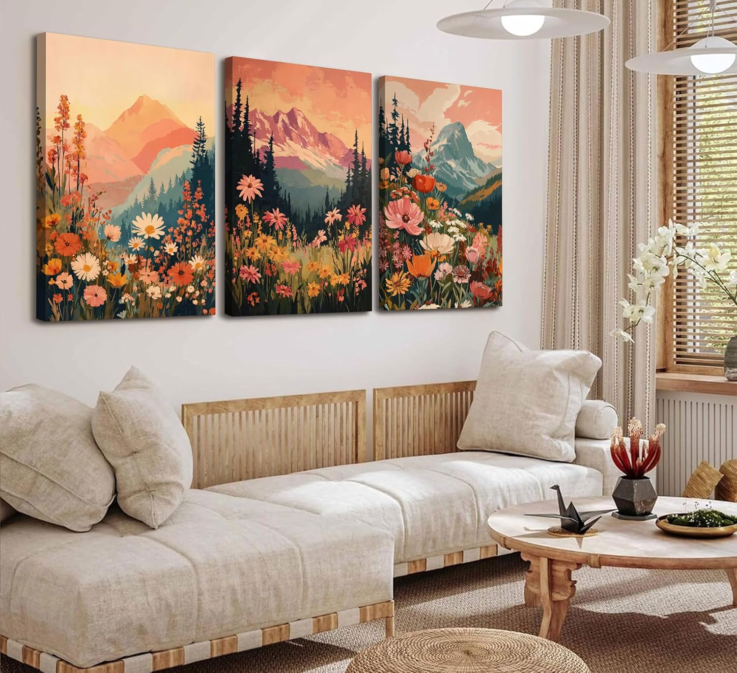 3Pcs Boho Mountain Canvas Wall Art Vintage Wildflower Mountains Poster Prints Abstract Nature Sunset Landscape Picture Botanical Paintings Artwork Wall Decor for Living Room Bedroom 16x24in Framed