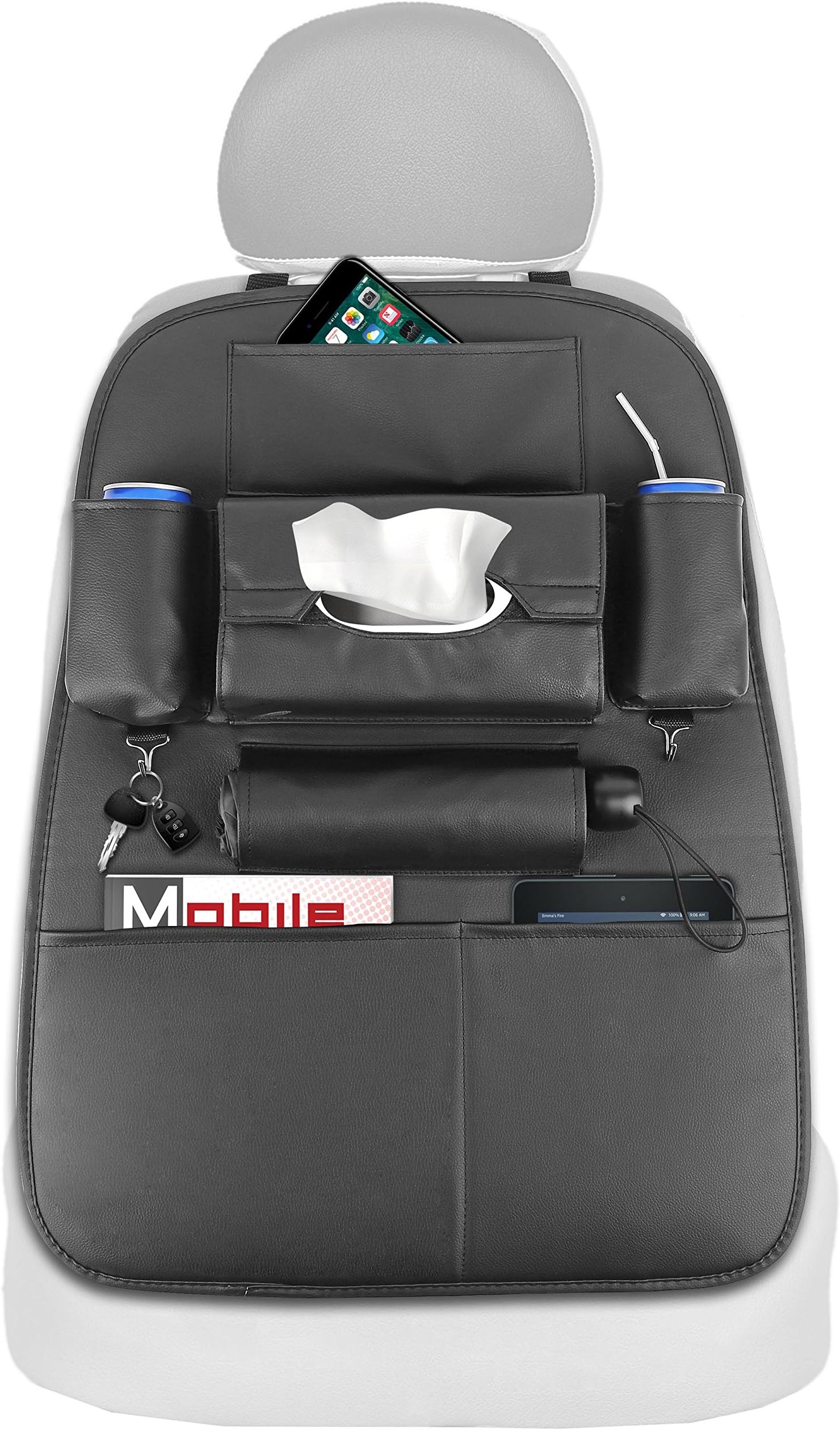 Corux 2 Pack Premium Car Seat Back Organizer PU Leather Auto Kick Mats Protector Backseat Holder for iPad Tablet Bottle Tissue Drinks, Black