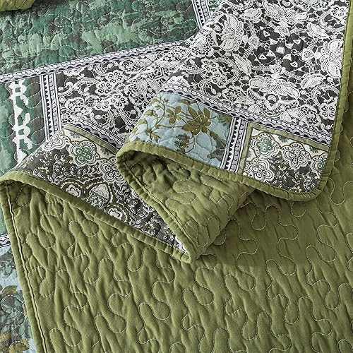 Vista 22 de NEWLAKE - Juego de colcha de algodón - Juego de cubrecama reversible con diseño de patchwork, patrón bohemio clásico - King, morado Púrpura Clásico