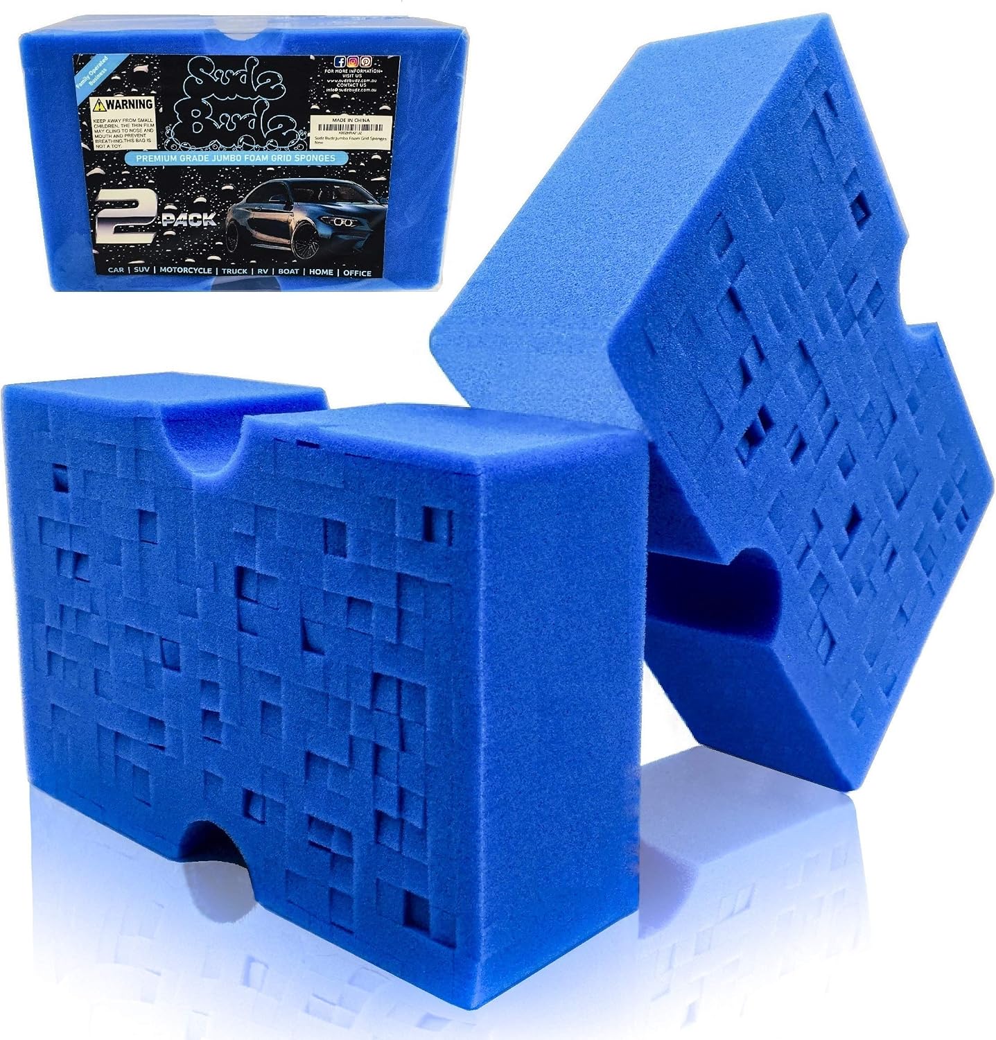 Sudz Budz Premium Jumbo Foam Grid Sponges 2pcs | Cross-Cut Car Wash Sponge | Multi-Use, Easy Grip, Large Sponge | Durable, Soft, Scratch-Free, Car Cleaning Sponge | Super Absorbent for All Surfaces