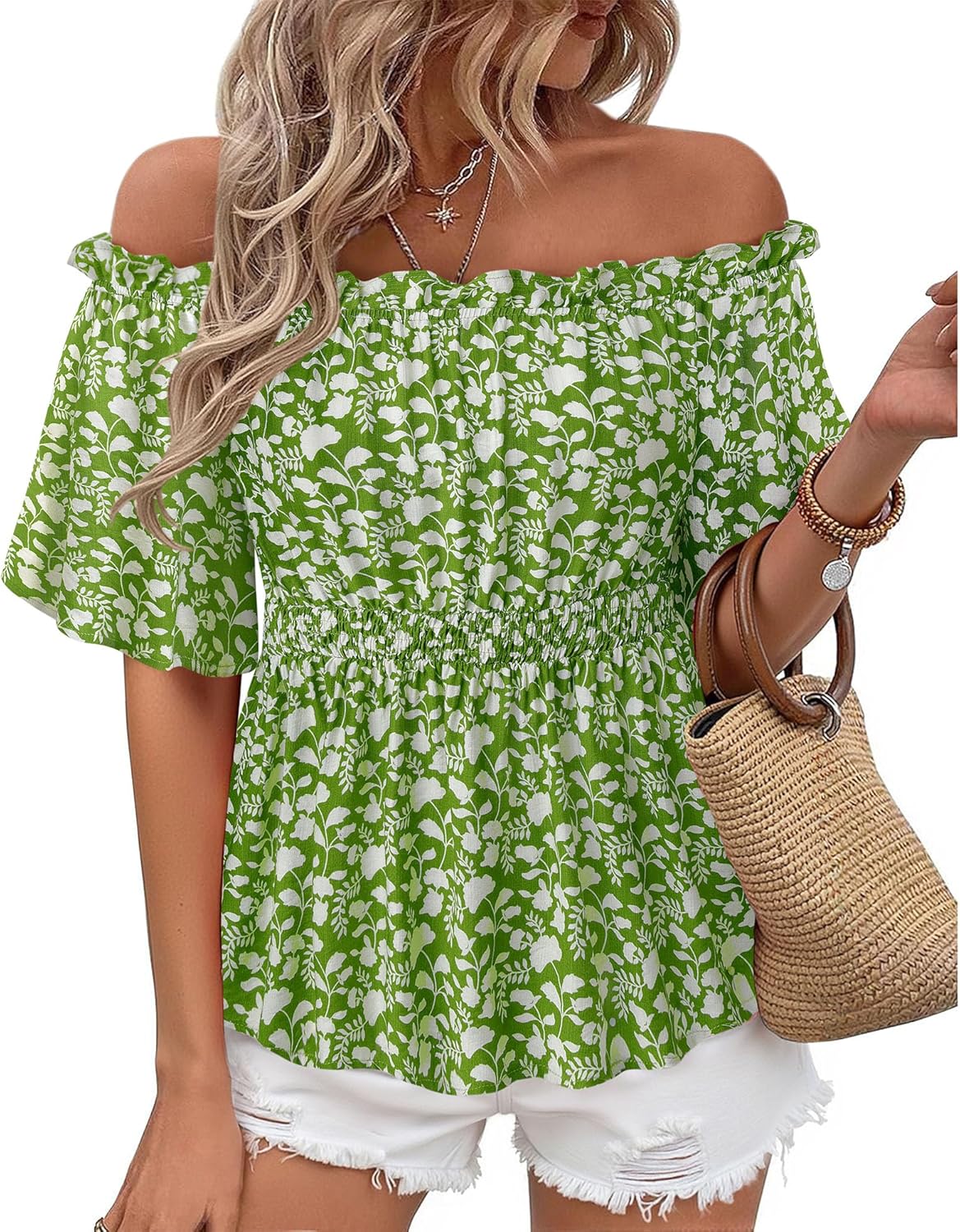 Bebonnie Women's Summer Sexy Off The Shoulder Peplum Tops Ruffle Sleeve Dressy Blouses