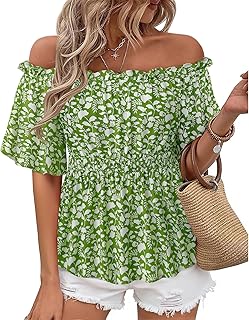 Bebonnie Women's Summer Off The Shoulder Short Sleeve Chiffon Blouse Ruffle Hem Tops