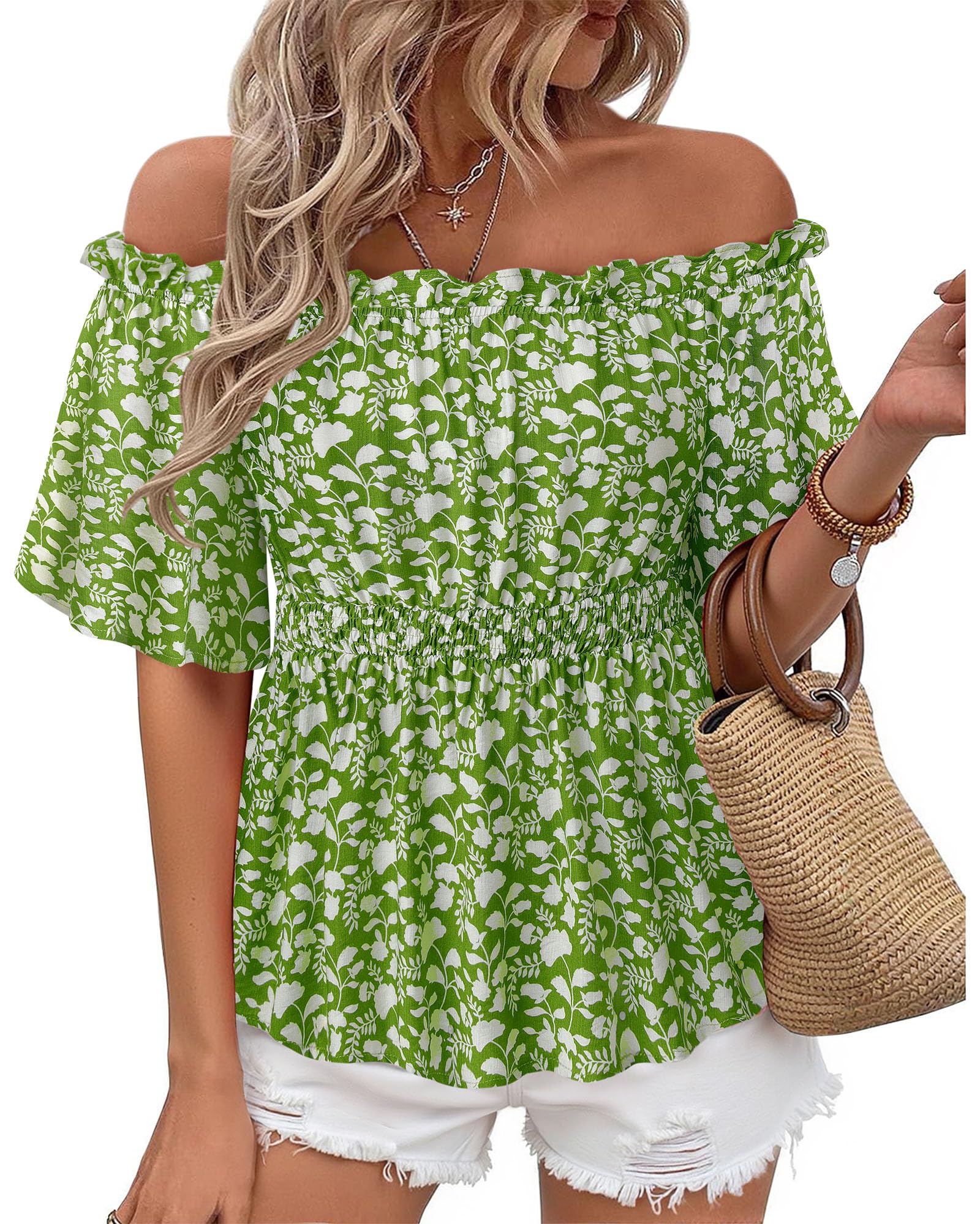 Bebonnie Women's Summer Sexy Off The Shoulder Peplum Tops Ruffle Sleeve Dressy Blouses