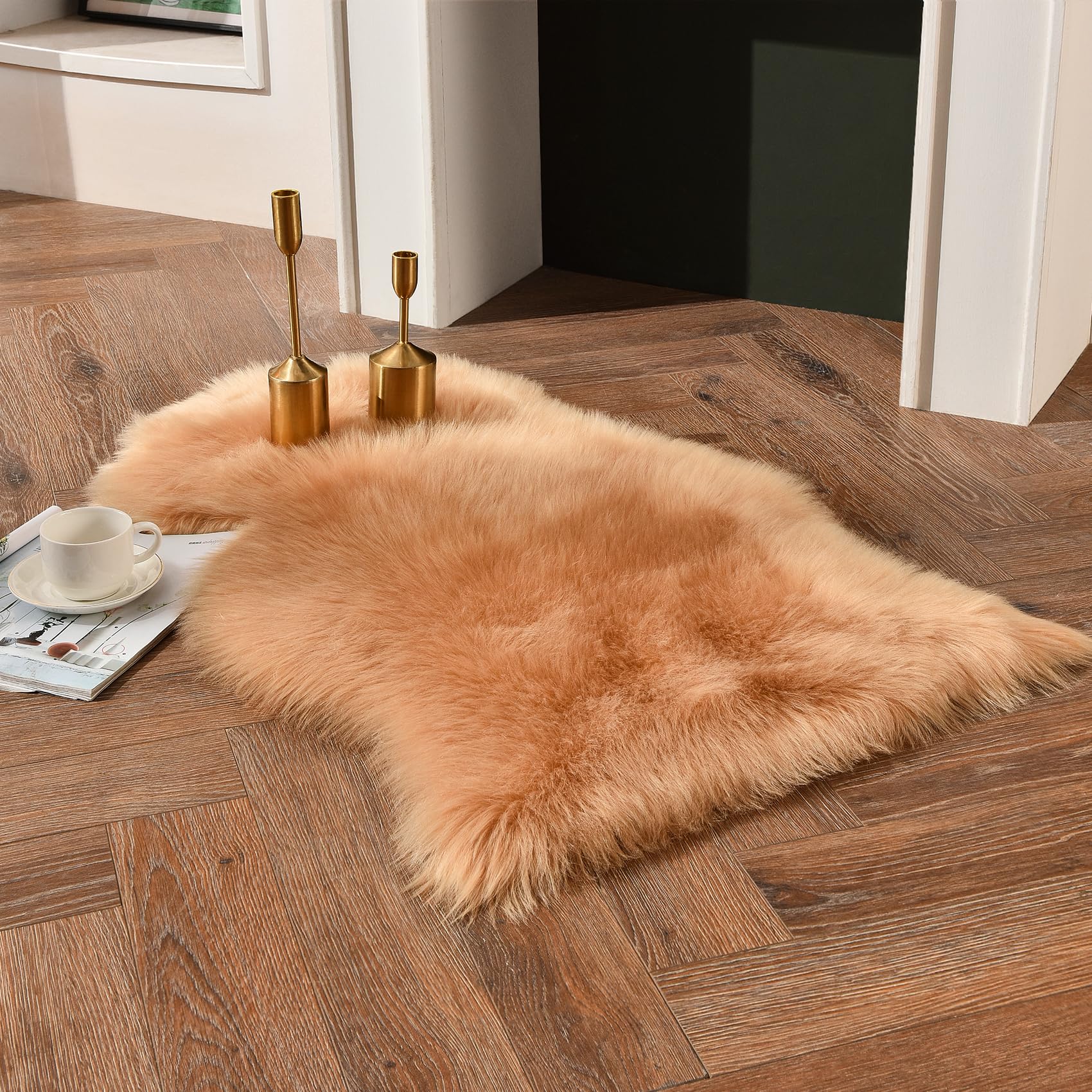 duduta Beige Faux Sheepskin Throw Rug 2x3 ft, Fluffy Shag Fur Chair Cover Small Bedside Dorm Rug Non Slip Machine Washable
