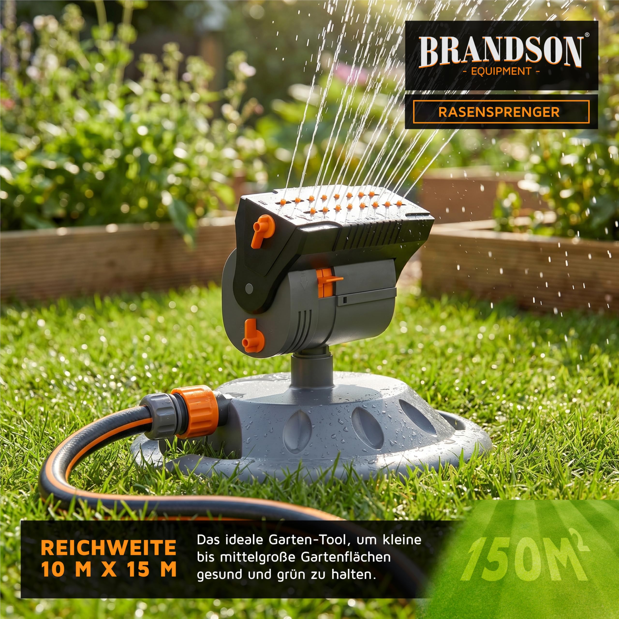 Brandson - Garten Rasensprenger 3/4 Zoll 16 Düsen - Gartensprinkler mit Standfuß – Oszillation-Funktion – Einstellbarer Sprühwinkel kleine Fläche große Flächen – Inkl Adapter 1/2 Zoll