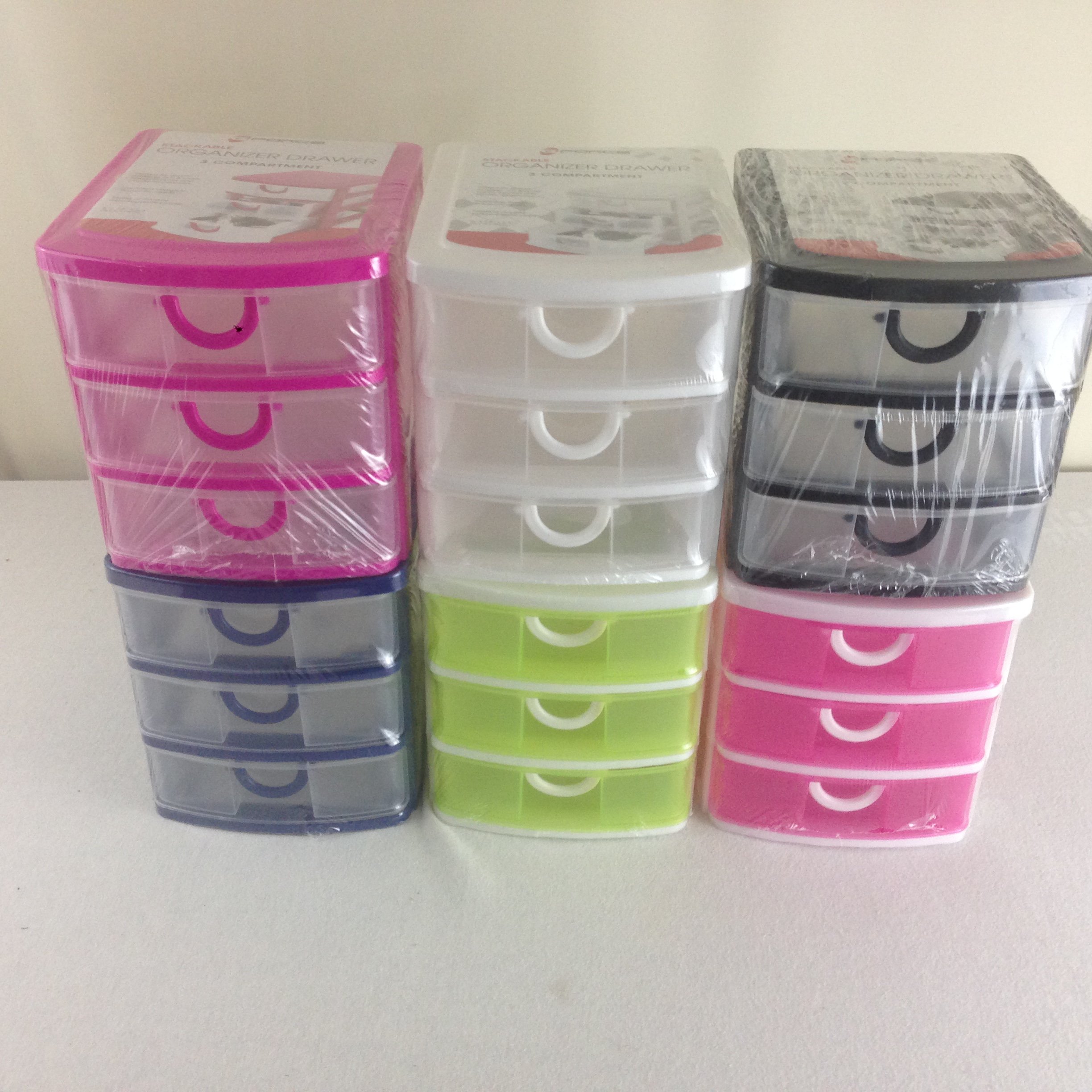 Stackable organizer drawer 3 compartment assorted colors