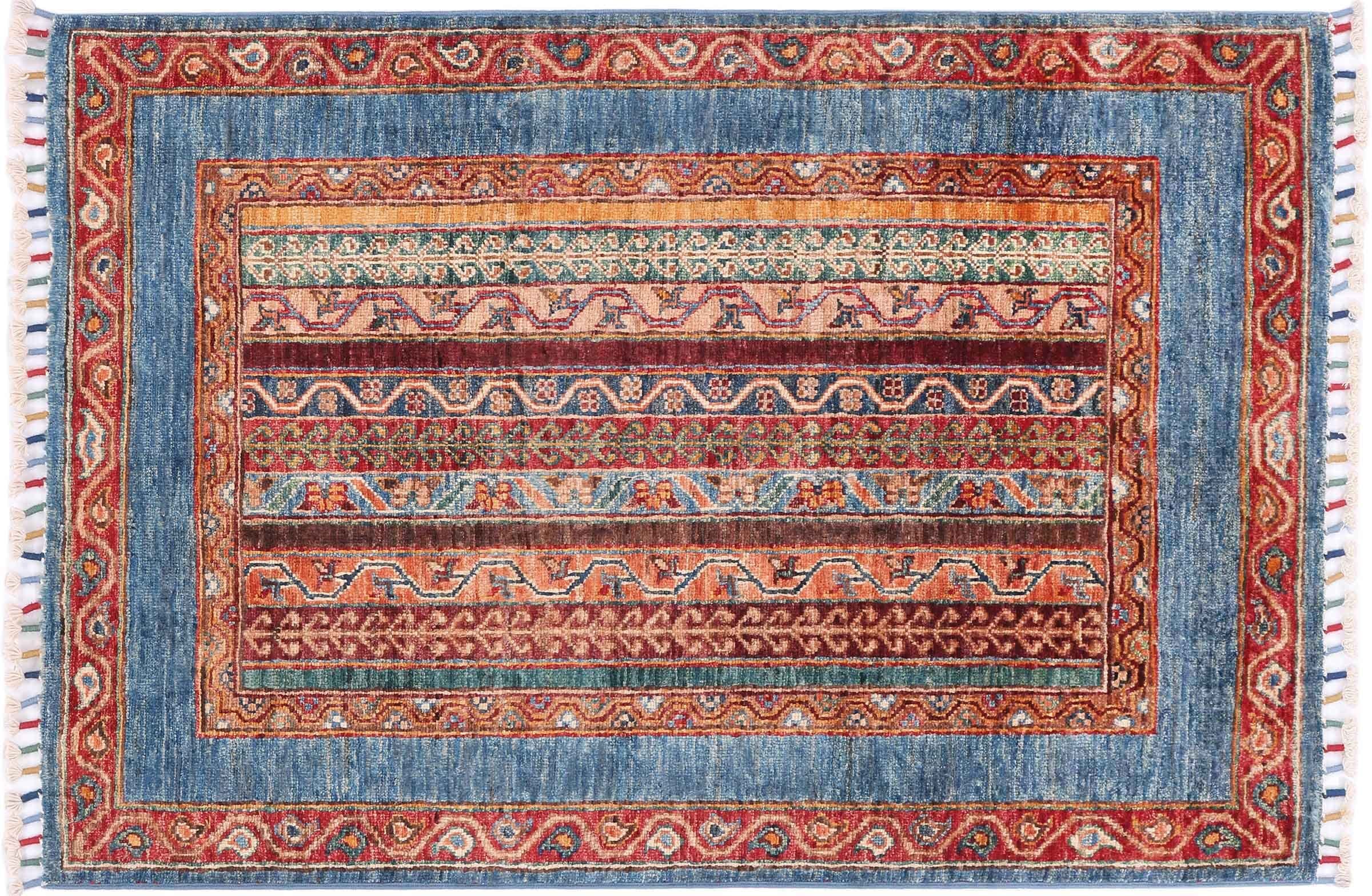 Tapis Shaal afghan bleu à rayures 80x120 tissé main laine artisanale