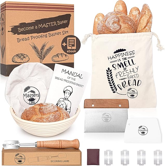 10 Inch Round Bread Proofing Basket with Linen Cloth by MastersLifes - Sourdough Bread Making Set Tools such as Metal Scraper,Scoring Lame and Storage Bag- Baking Gift from Natural Rattan + Free Ebook