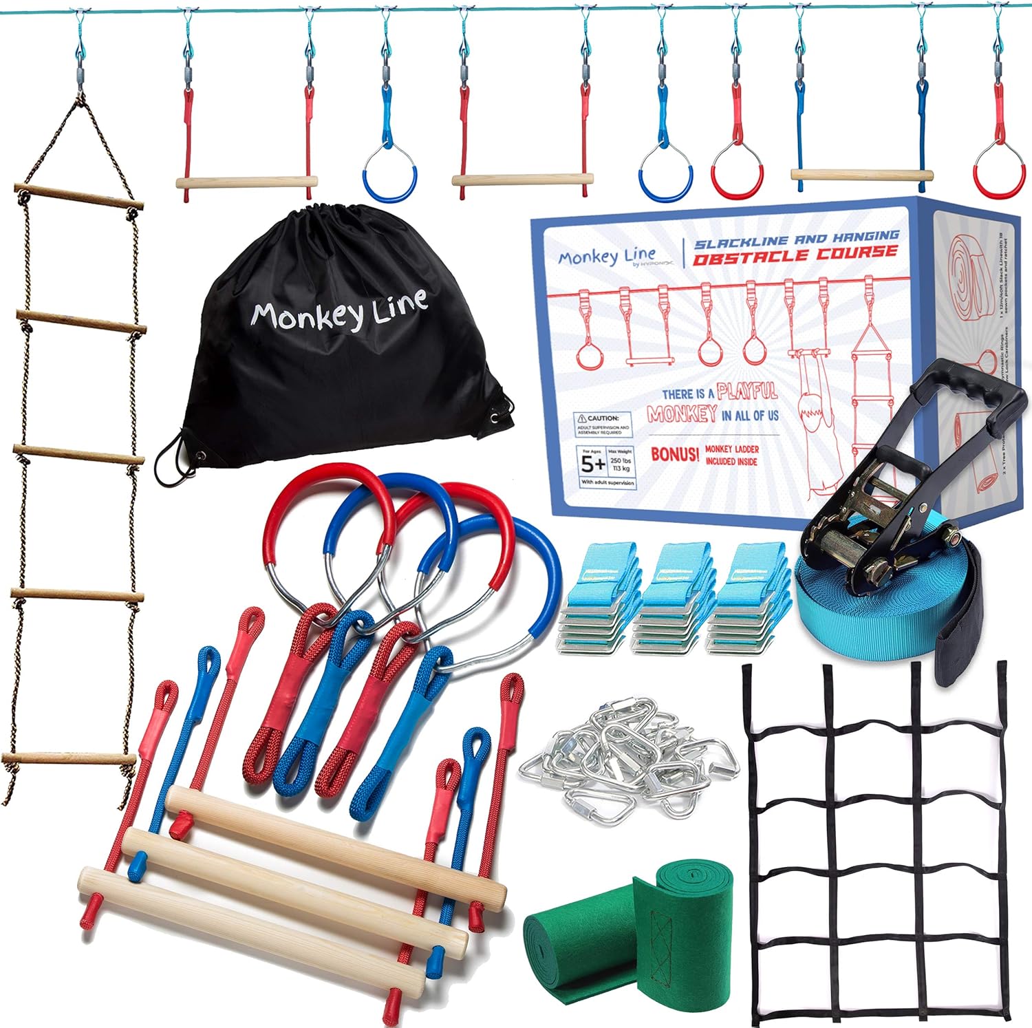 Hyponix 50' Ninja Warrior Obstacle Course for Kids - Weatherproof - Ninja Slackline - Kids Obstacle Course - Ninja Course for Kids Outside - Kids Ninja Warrior Obstacle Course - Ninja Slack Line : Toys & Games