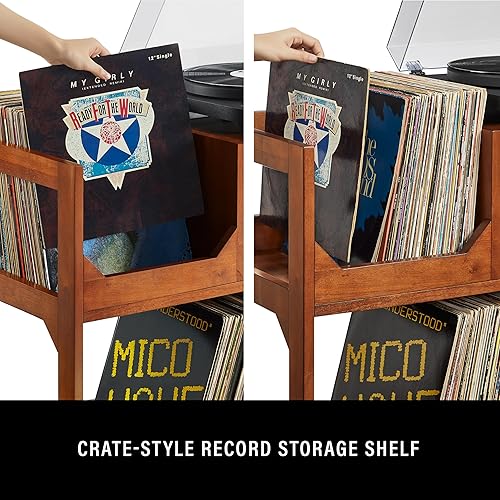 Miniatura 7 de Crosley Furniture Asheville Mid-Century Modern Media Console - Soporte para tocadiscos, almacenamiento para discos de vinilo, mediano, nogal