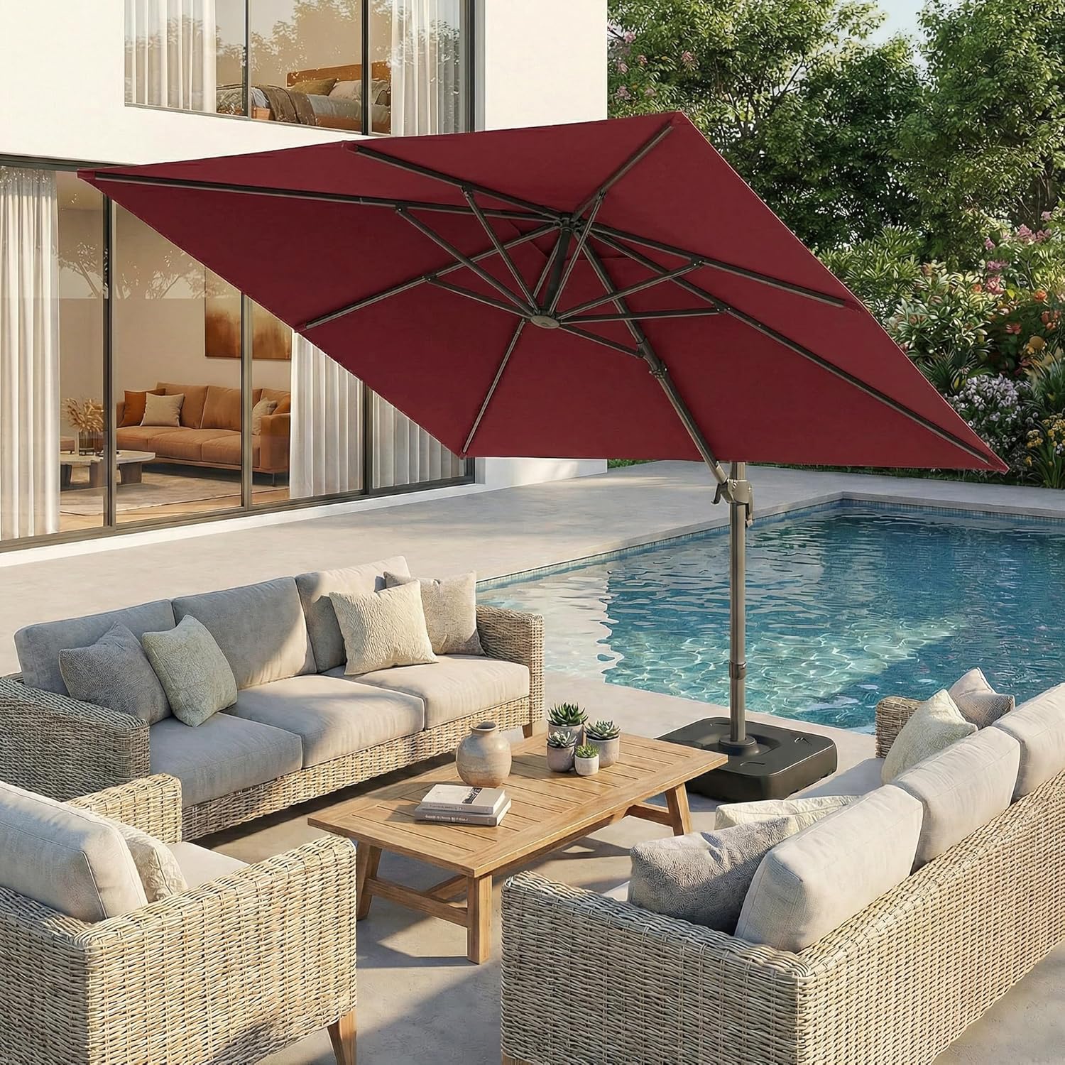 Hoteel 10ft Patio Umbrella Heavy Duty Aluminum Windproof & Shade Provision Outdoor Cantilever Double Top Offset Large Umbrella Height Adjustable with 360°Rotation for Patio Pool Deck Gazebo, Wine Red