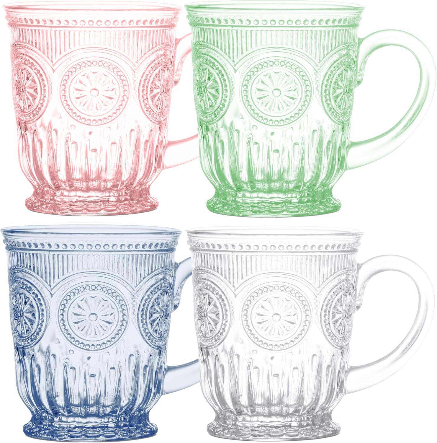 Yungala Multi-colored 10oz Glass Mugs - Set of 4 Colorful Glass Coffee Mugs – 1 each of Clear, Pink, Blue, and Green. Dishwasher Safe vintage glassware tea cups