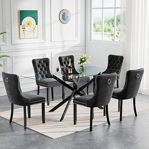 Miniatura 2 de SSLine Moderno juego de mesa de comedor de cristal de 7 piezas para 6 mesas de cocina y sillas rectangulares de lujo de vidrio para 6, mesas de