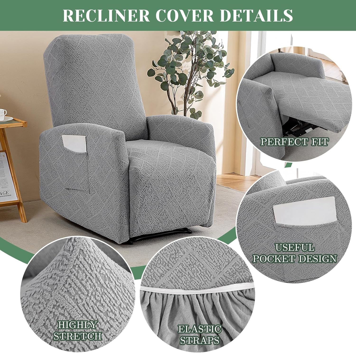 Recliner Chair Covers 4 Pieces Jacquard Small Recliner Sofa Slipcover Stretch Recliner Slipcover for Lazyboy Recliner Chair with Storage Pocket Furniture Protector for Living Room,Light Grey