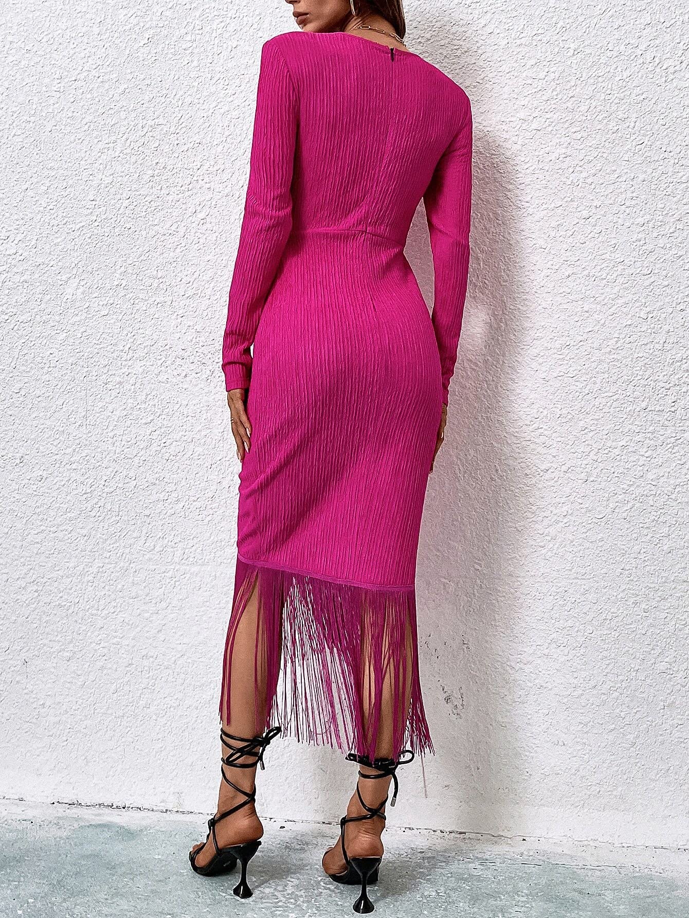 Women's Dresses Fringe Trim Surplice Neck Bodycon Dress Dress for Women (Color : Hot Pink, Size : Medium) : Clothing, Shoes & Jewelry