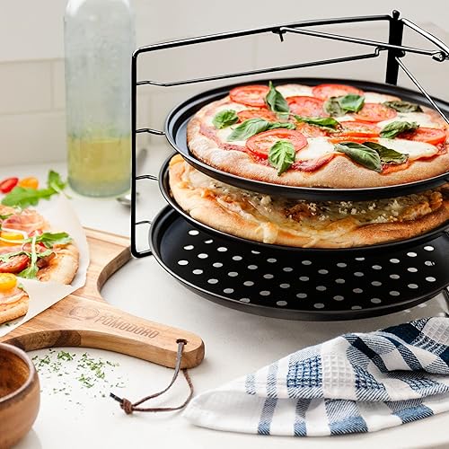 Miniatura 9 de Chef Pomodoro Juego de hornear pizza con 3 bandejas para pizza y estante para pizza, 13 pulgadas, soporte antiadherente para pizza y bandeja para