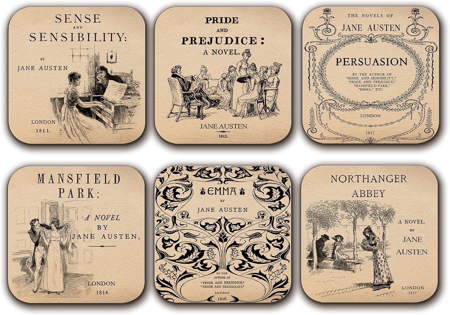 6 Coasters with Complete Novels of Jane Austen Six Coffee Mug Coasters with Complete Novels of Jane Austen's Book Designs. (Aged Paper)