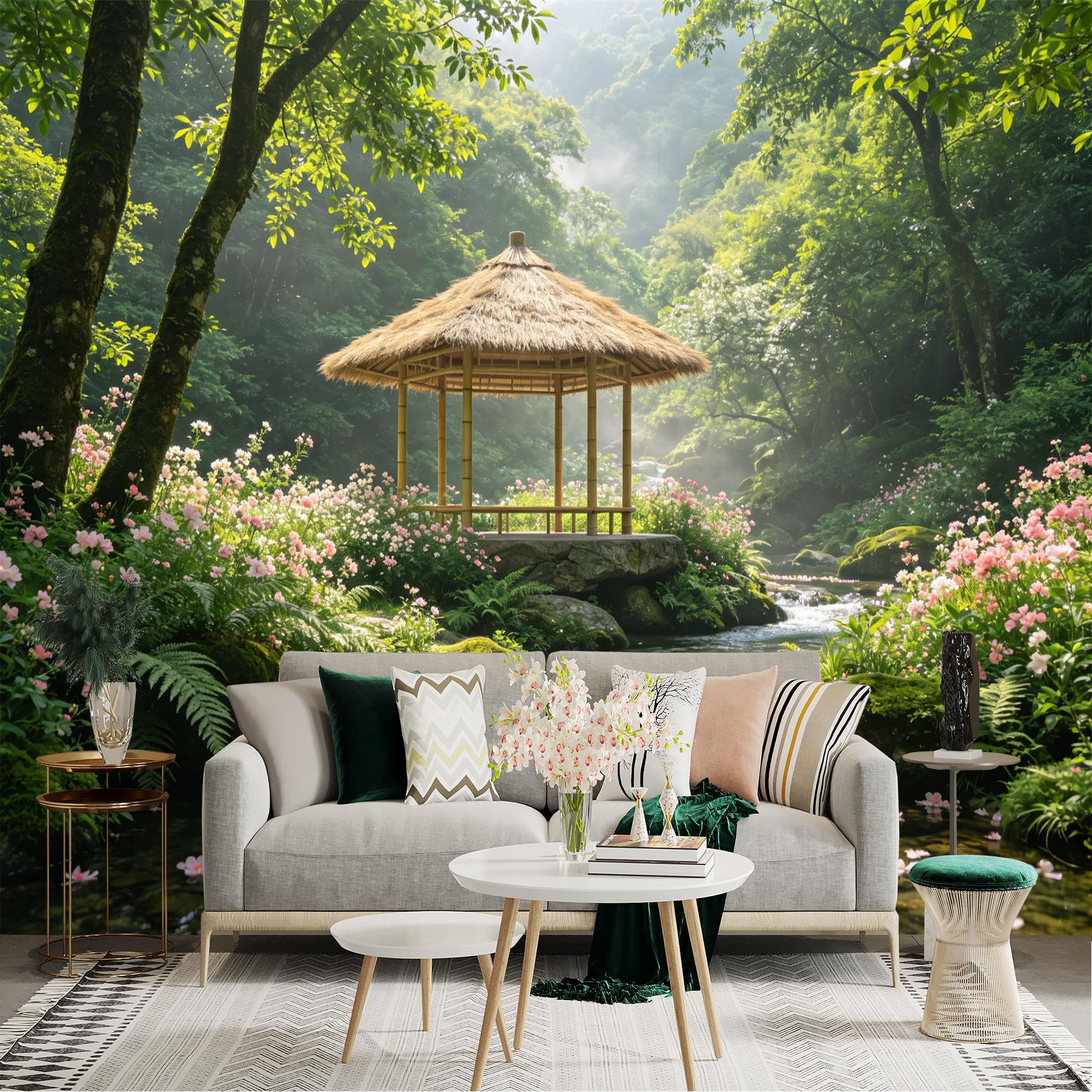 Custom Size Wall Sticker Mural， Tranquil Garden Pavilion with Stream， Pink Flowers and Lush Green Forest， for wall Decoration， peelandstick wall Decals.