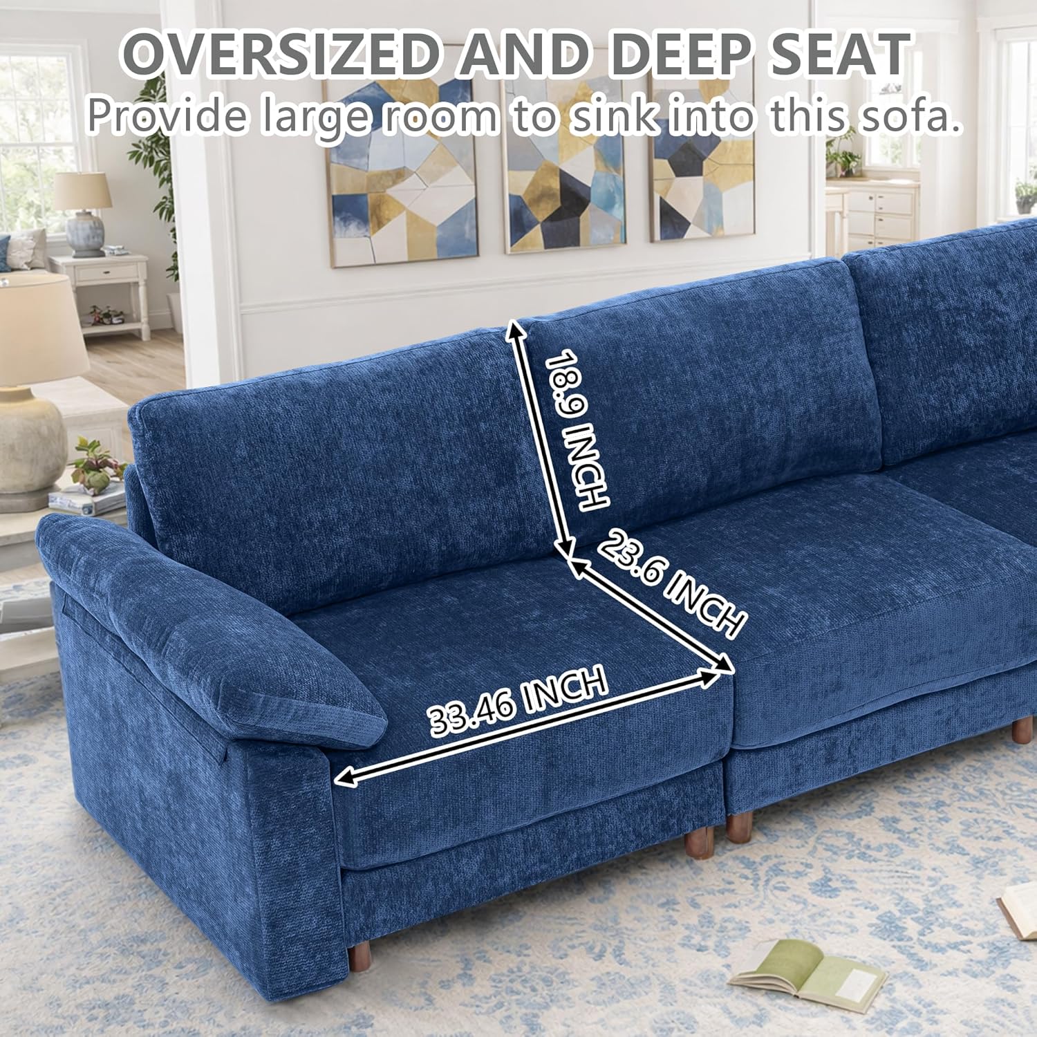 Keydo Oversized Modular Sectional Sofa, Modern Large L Shaped Sectional Couch for Living Room, Wide Deep Seat, Chenille, 6 Seater (Blue)