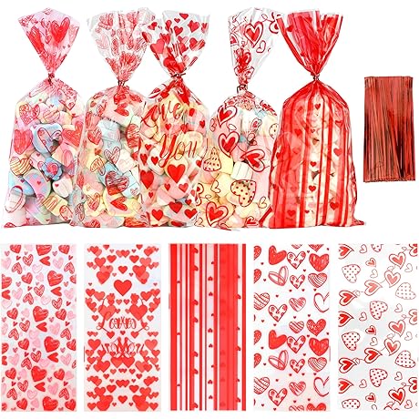 100-Pack Valentine Cellophane Treat Bags for Love-Filled Goodies