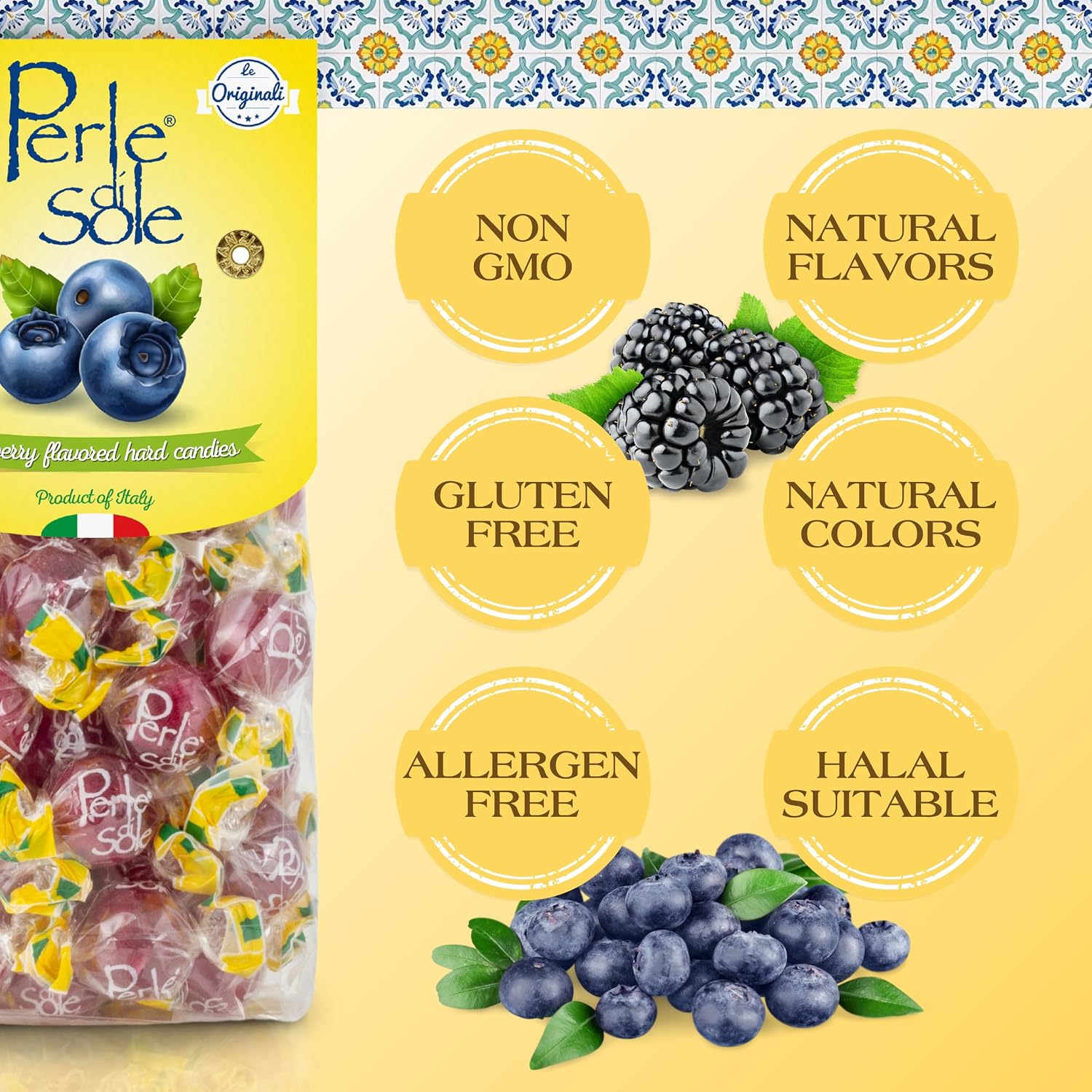 Perle di Sole Candy from Italy - Variety Pack Blackberry and Blueberry Drops - Italian Hard Candy Individually Wrapped (Mix of 2 x 7.05oz Bag) image 2