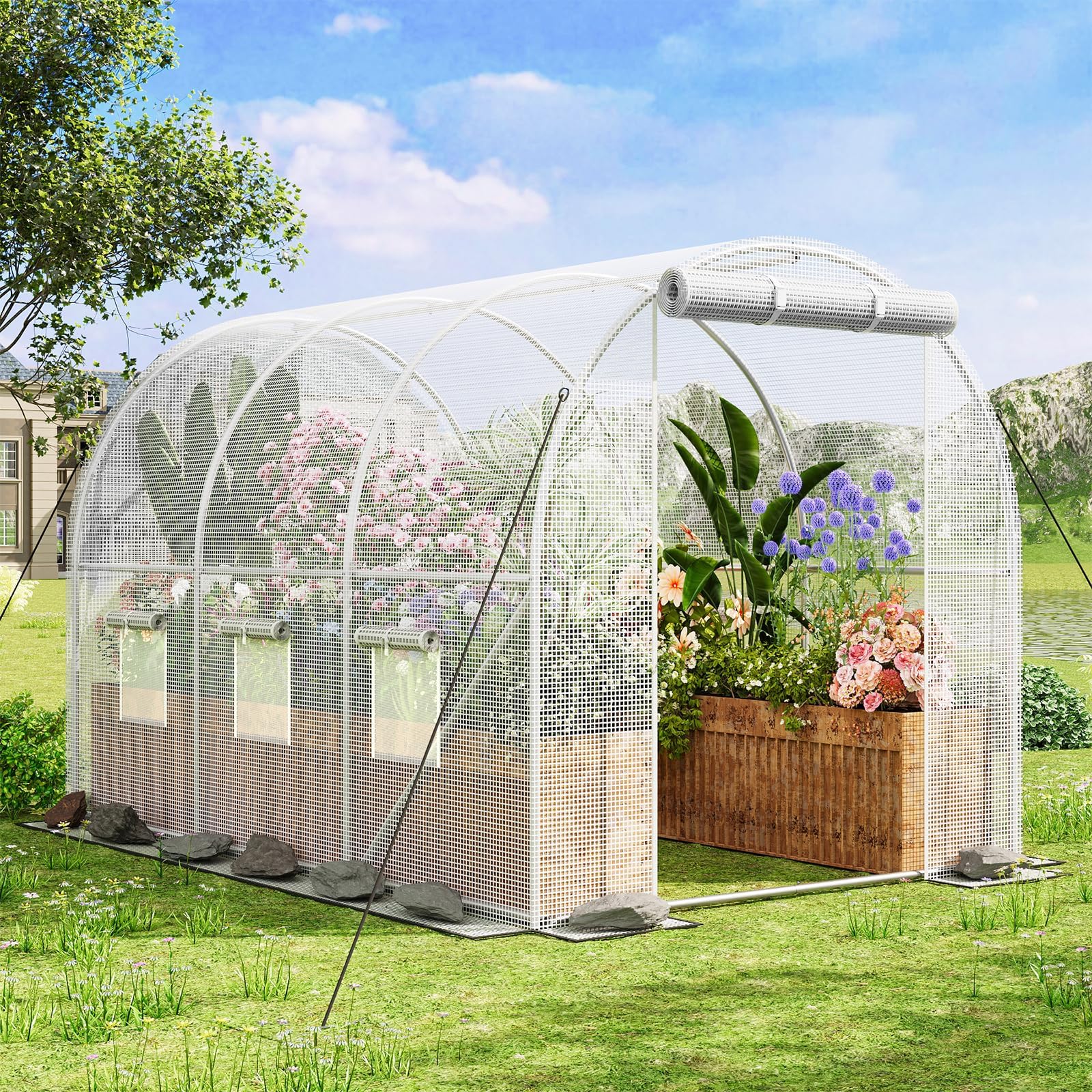 Superlele Invernadero resistente para exteriores, invernadero de túnel de 10 x 6.6 x 6.6 pies, gran casa verde de jardín con cubierta de malla de polietileno reforzada, 6 ventanas con pantalla
