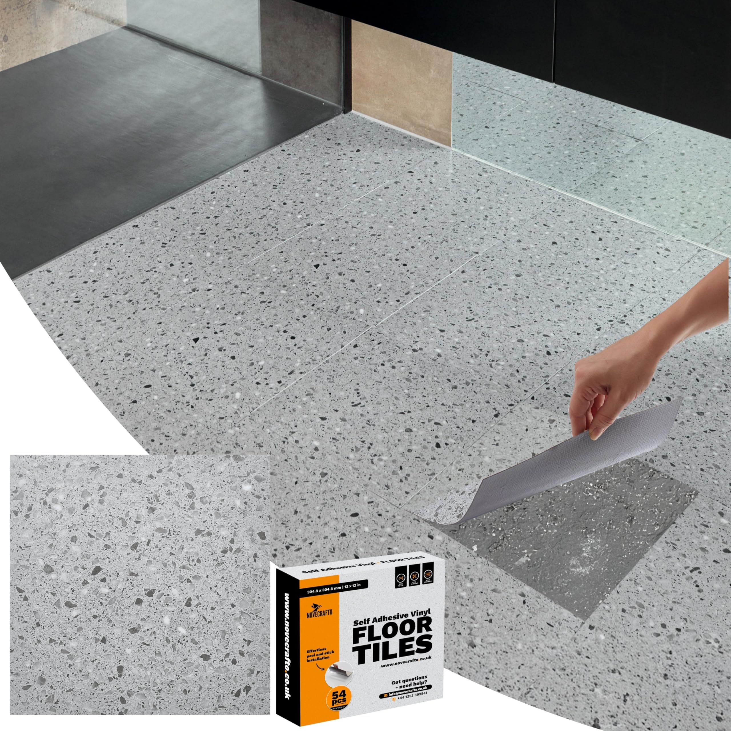 Suelo Vinilo Autoadhesivo Impermeable – Paquete de 10 Losetas Cuadradas, Cubre 0,93 m² – Cada Losa Adhesiva 30,5 x 30,5 cm – Suelo Vinílico Autoadhesivo Terrazo Gris Para Cocina, Baño y Salón
