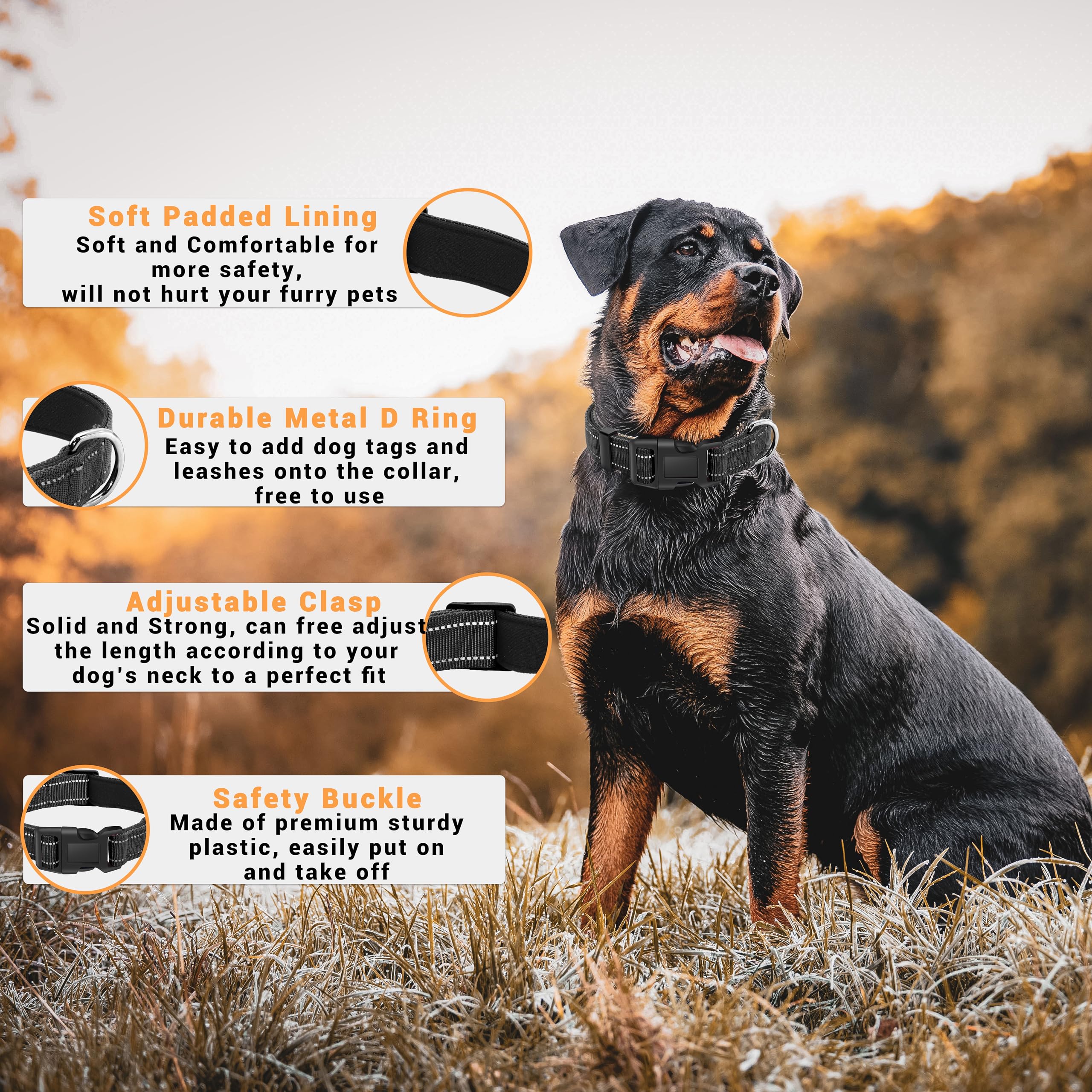 Paquete de 2 collares reflectantes para perro con hebilla de bloqueo de seguridad, ajustable, suave, transpirable, cómodo, de nailon, para perros pequeños, medianos y grandes, negro, M