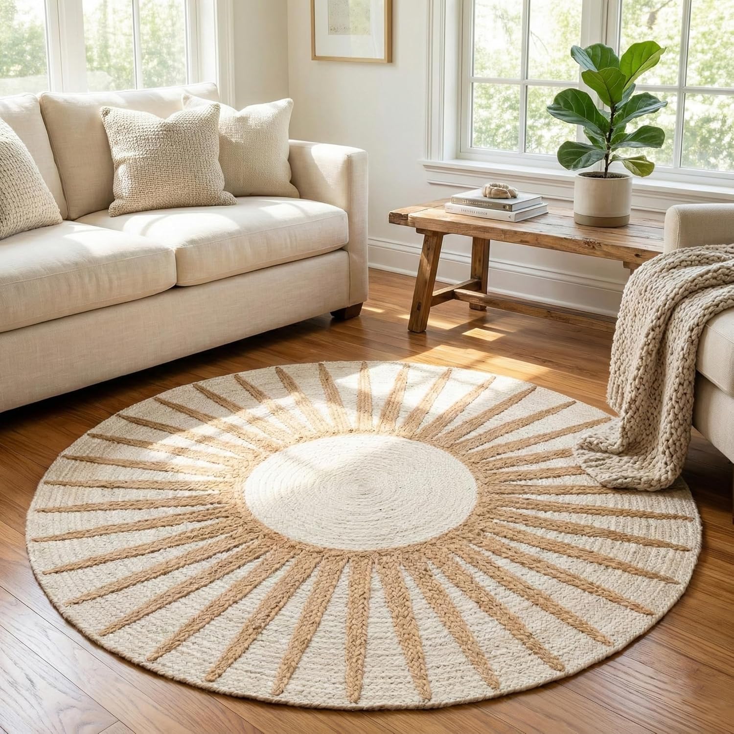 Round Jute Rug – Handwoven Natural Fiber Accent Rug with Radiating Sunbeam Pattern, Boho Coastal Style for Living Room, Bedroom, or Entryway (Natural Beige, 5' Round)