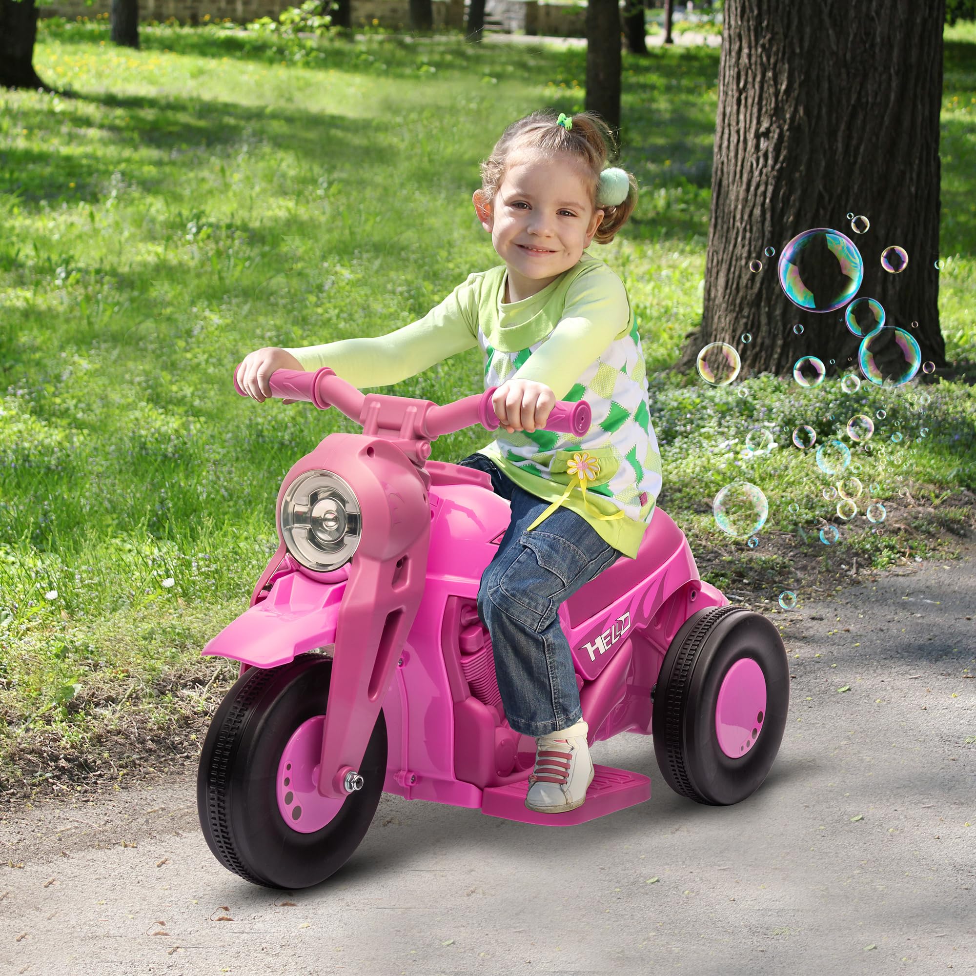 AIYAPLAY Moto électrique Enfants, 3 Roues, 6 V, 3 km/h, Voiture électrique Enfants avec Fonction de Bulles, Effets Lumineux et sonores, 2 à 5 Ans, Charge Max. 30 kg, Rose