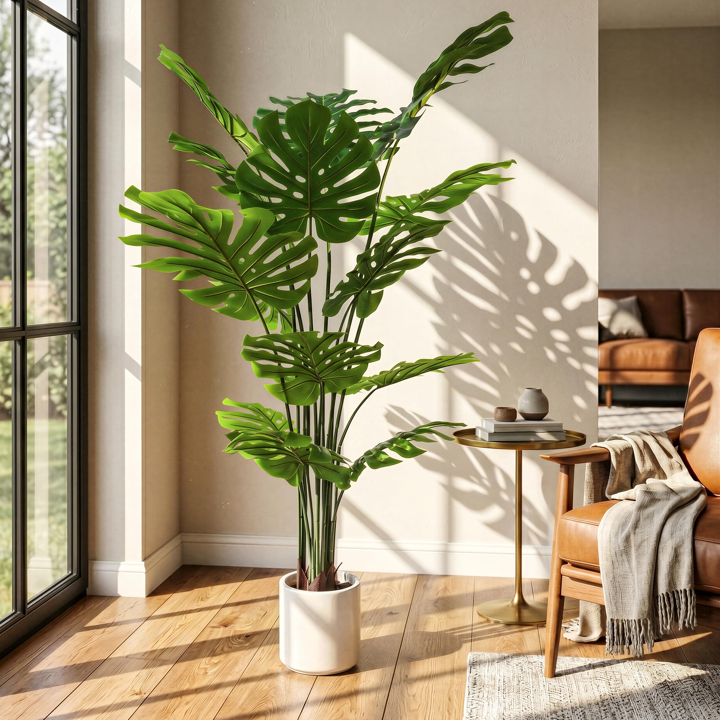 BEAUTYPEAK 140cm Monstera Künstliche Pflanze Wie Echt mit Weißem Topf | Kunstpflanze in Dichtes Laubwerk, Biegbare Blätter, Zimmerpflanze Deko für Wohnzimmer, Balkon,Büro,Flur, 2 Stück Fake Plants