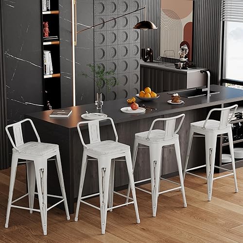 Miniatura 49 de Alunaune Juego de 4 taburetes de bar de metal de 26 pulgadas, taburetes de bar de altura de mostrador negro mate, sillas de barra industriales con