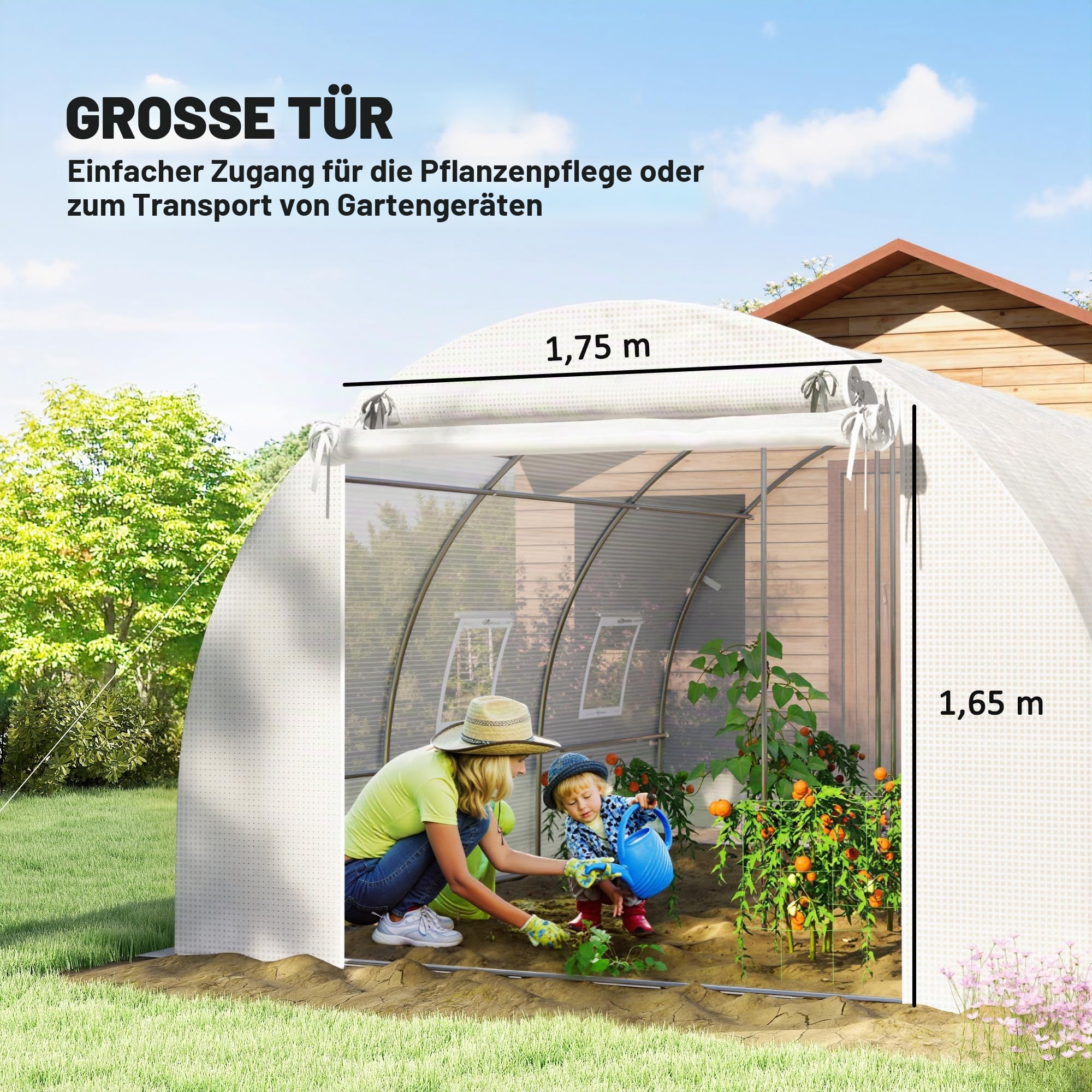 Outsunny Gewächshaus Foliengewächshaus 4x3x2m Winterfest Tomatenhaus mit 6 Aufrollbar Natzfenstern & Tür, Stahlrohr, PE Folie, stabil Folientunnel Pflanztunnel für Garten Weiß