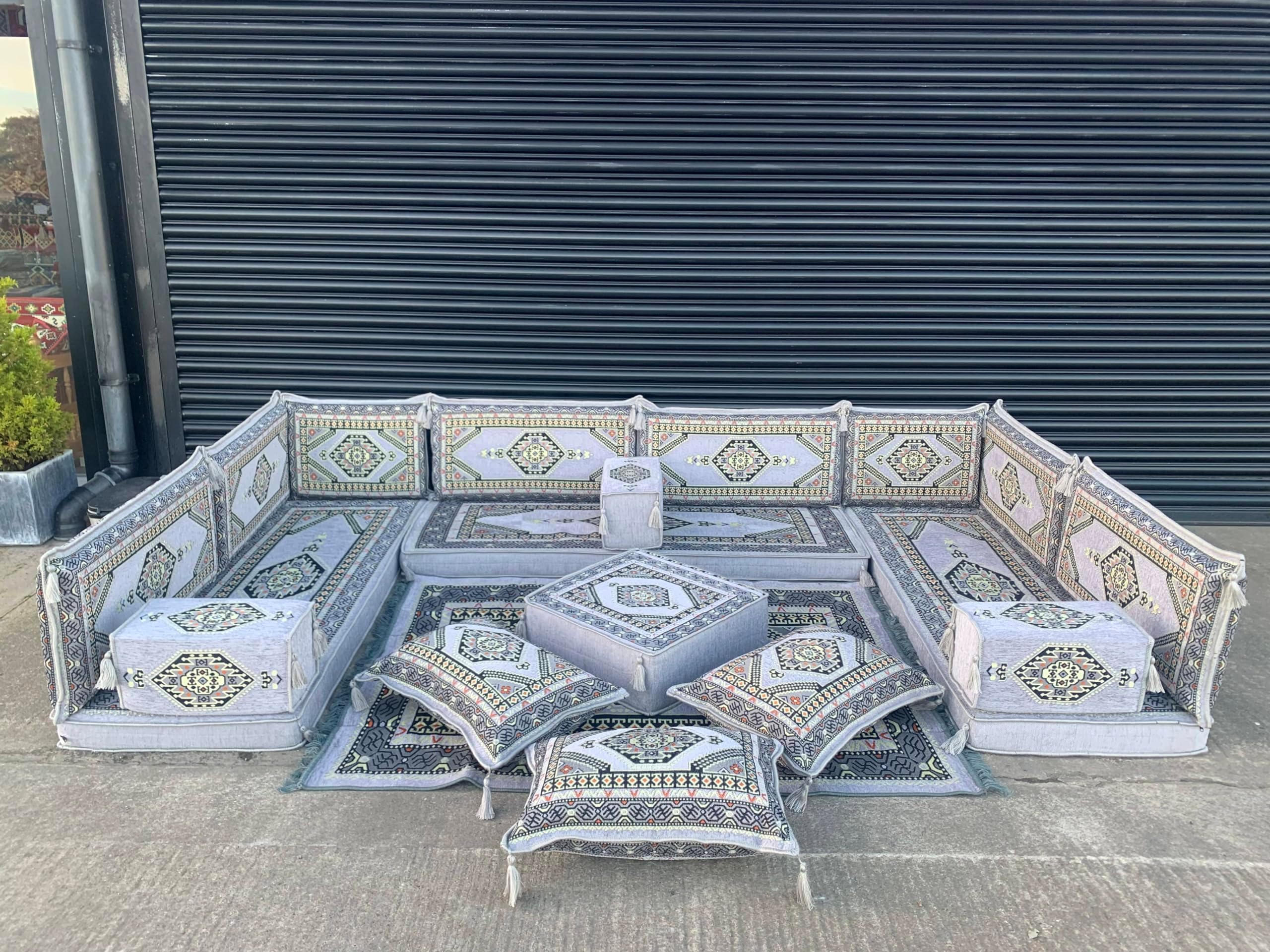 U Shaped Grey Color Arabic Majlis Sofa For Living Room, Arabic Mattress Seating For Living Room (Premium Foam Filled)