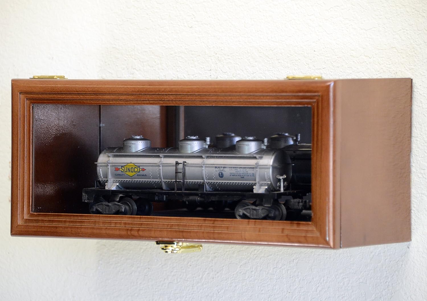 sfDisplay.com,LLC. Single O Scale Train Engine Locomotive Cab Tanker Model Car Display Case Cabinet Holder Rack w/98% UV- Lockable with Mirror Back (Walnut Finish)