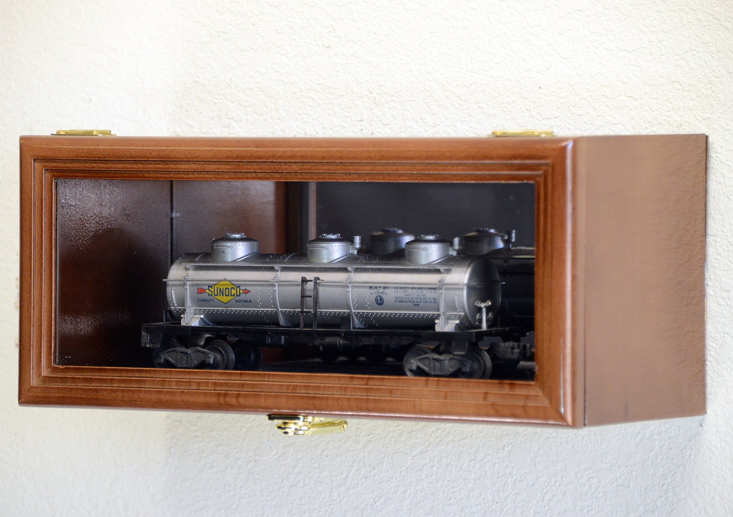 Single O Scale Train Engine Locomotive Cab Tanker Model Car Display Case Cabinet Holder Rack w/98% UV- Lockable with Mirror Back (Walnut Finish)