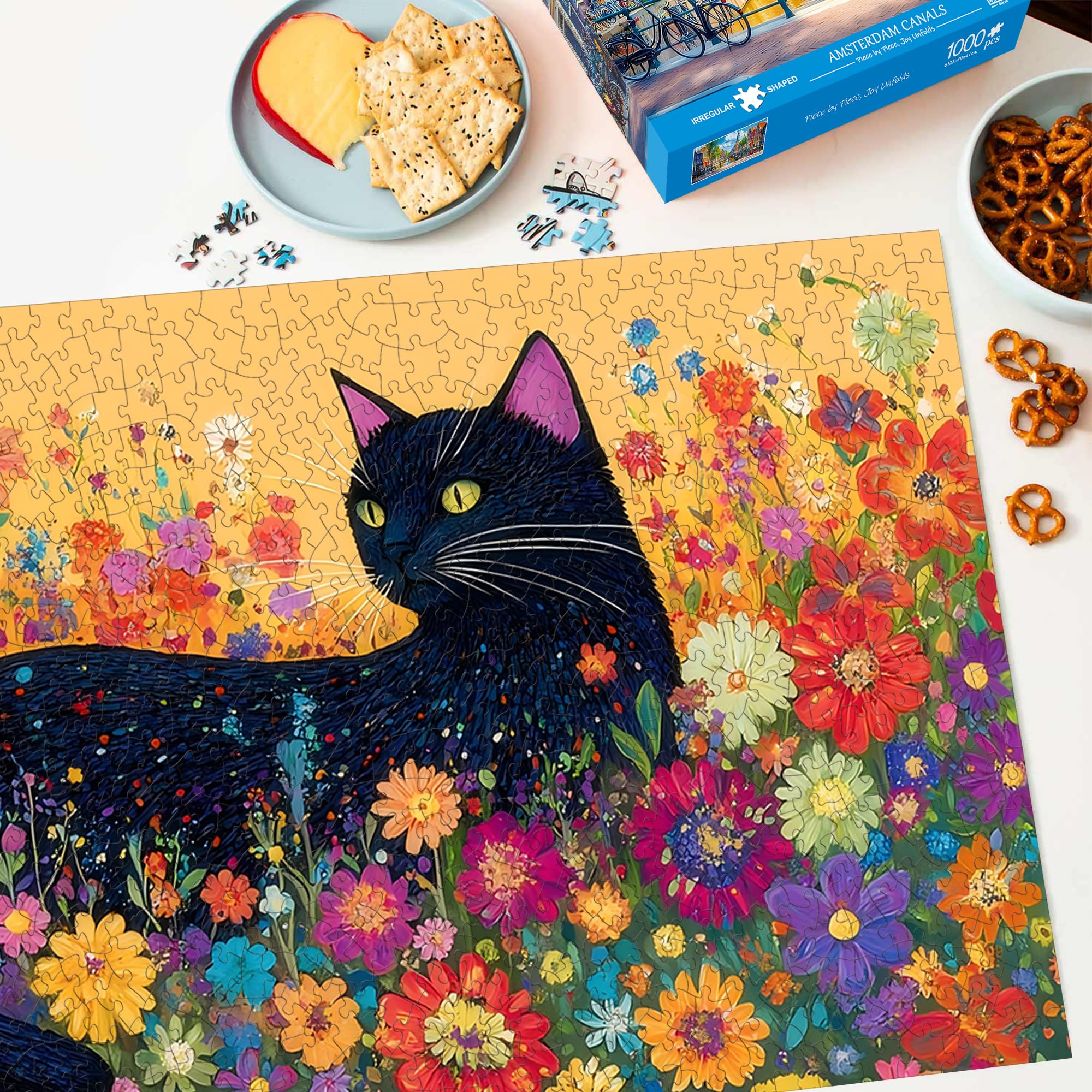 Bimkole Kwitnący Kot Puzzle Dla Dorosłych 1000 Elementów, Kwiat Puzzle Papierowe 1000 Elementów – Zabawna I Wymagająca Układanka Dekoracyjna Dla Całej Rodziny, 80 X 41 cm