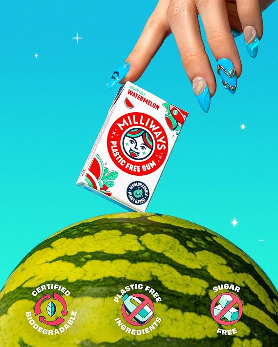 Milliways Watermelon Chewing Gum, Plastic Free, Sugar Free, Aspartame Free, Natural | 12 Packs of 10 Pieces (120 Pieces Total) | Xylitol, Plant-Based, Biodegradable