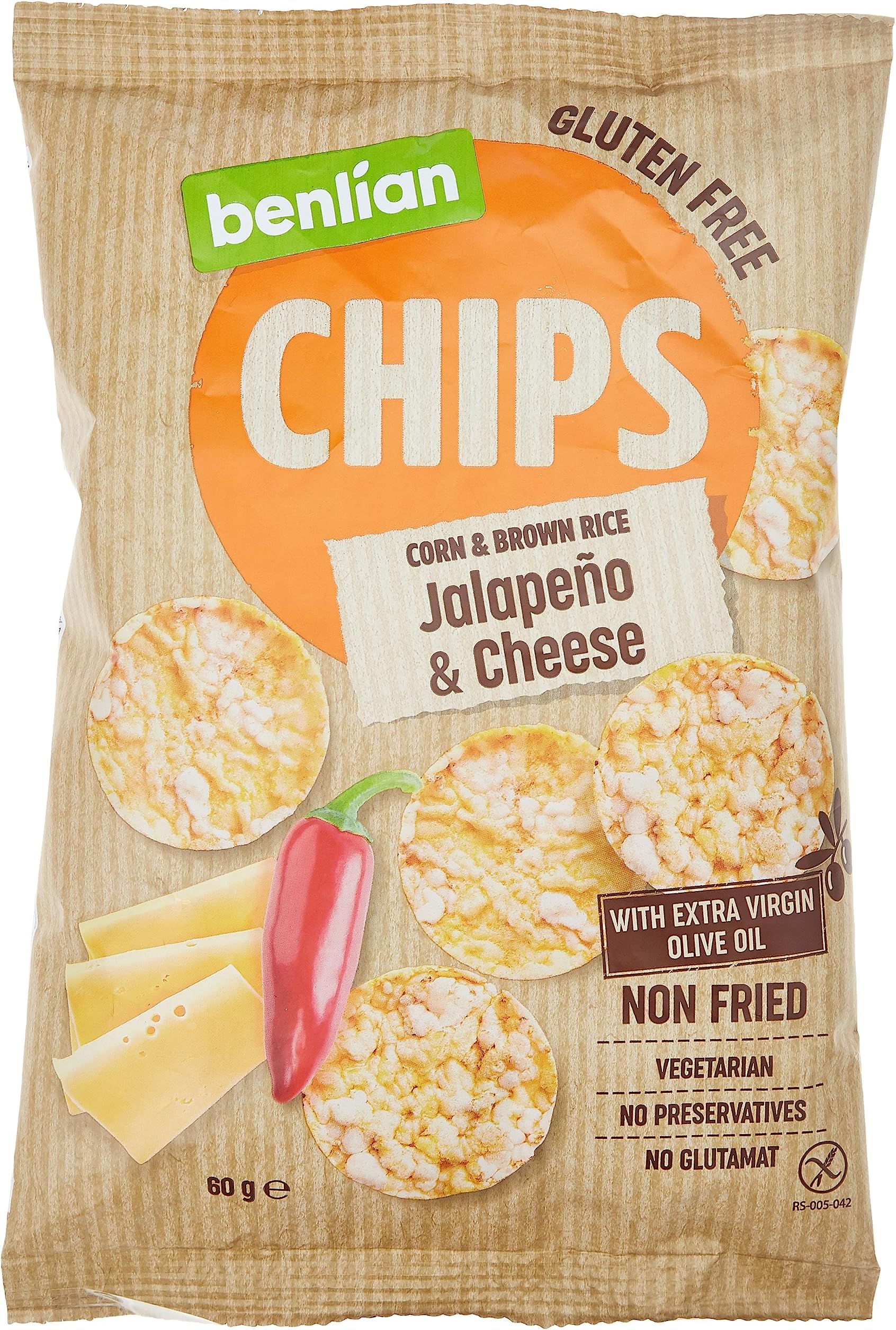 BENLIANGluten Free Chips Corn & Brown Rice, Jalapeno Cheese 60g | With Extra Virgin Olive Oil, Non Fried, Vegetarian, No Preservatives, Glutamat