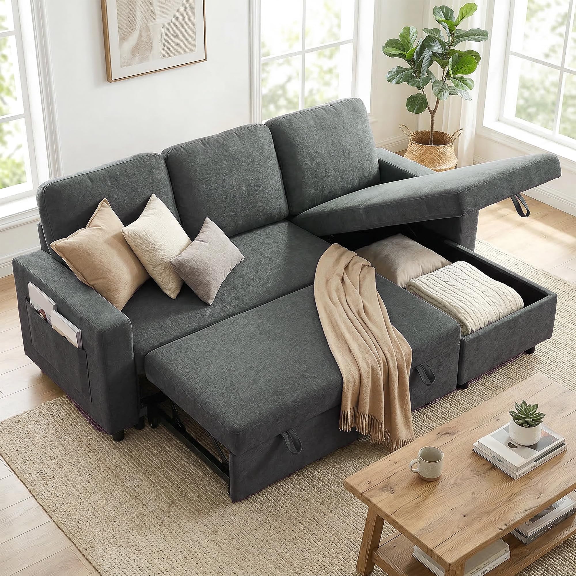 HOMCOM 3 Seater Dark Grey L Shape Pull Out Corner Sofa Bed