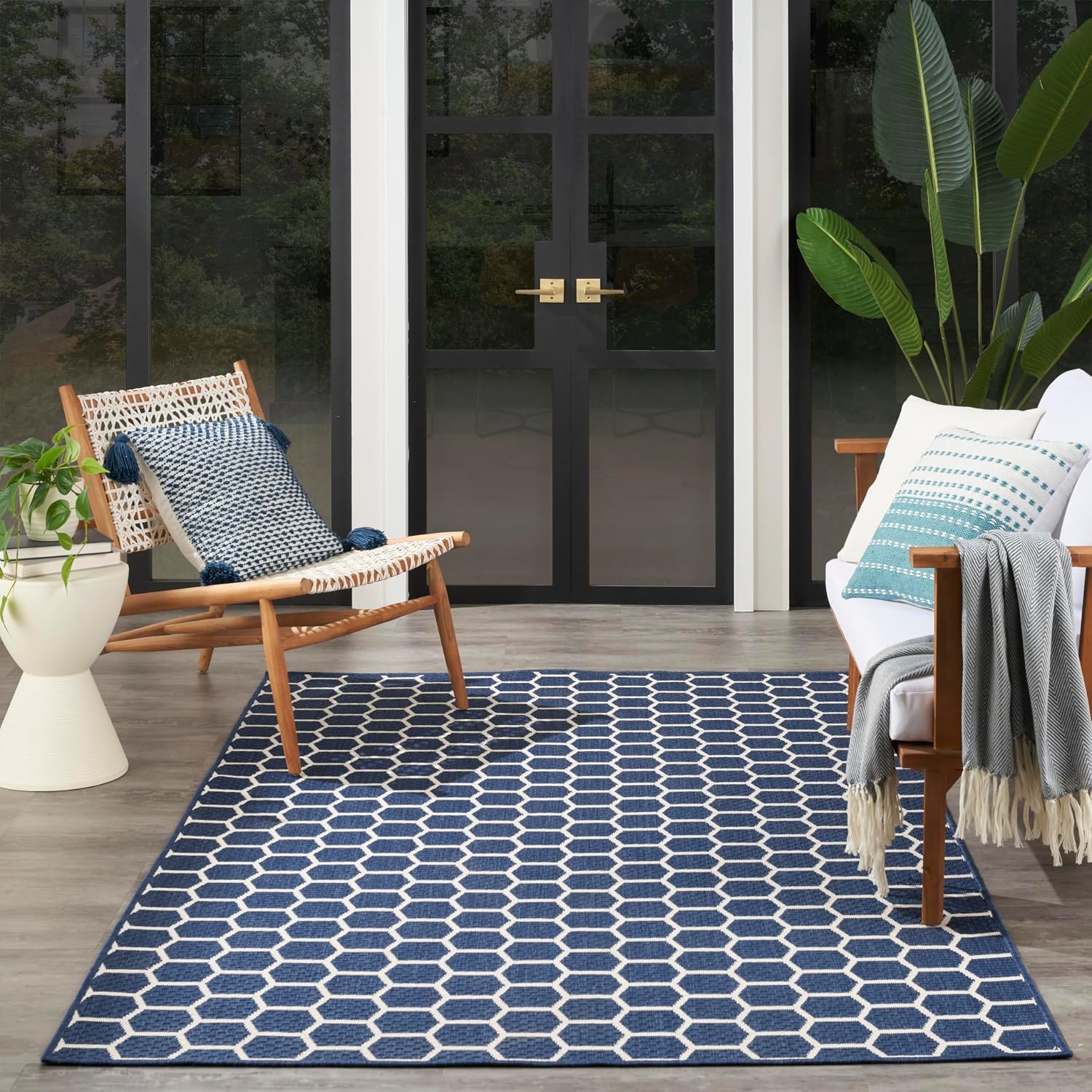 Nourison Home Reversible Indoor Outdoor Navy 4' x 6' Area Rug - Easy Clean, Non Shedding, Bed Room, Living Room, Dining Room, Kitchen (4' x 6')