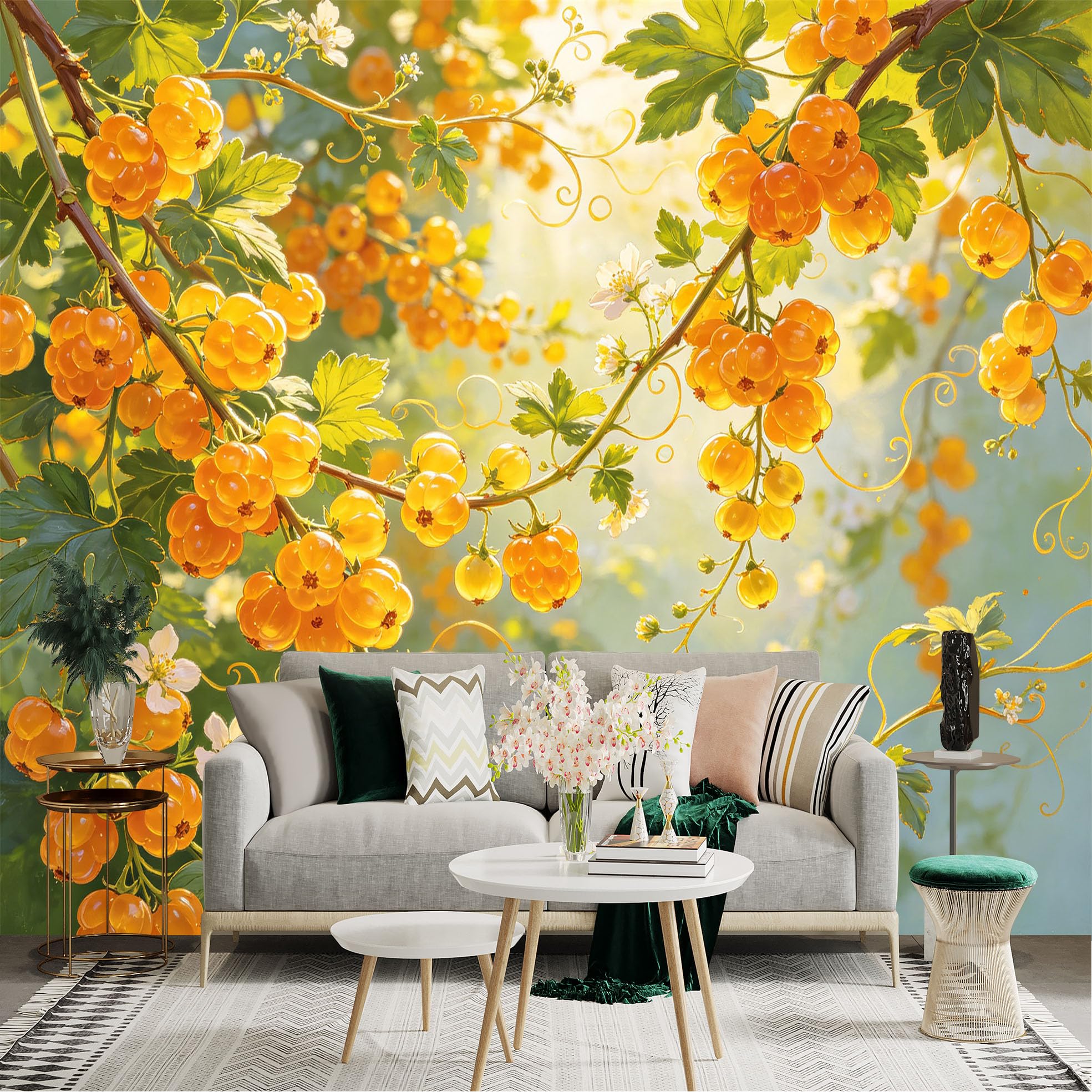 Lnzczhyre Dbh260521723 Custom Size Wall Sticker Mural， Golden Yellow Currants， Fresh Summer Berries， Botanical Fruit Vines， Sunny Garden Harvest， For Wall Decoration， Peelandstick Wall Decals.