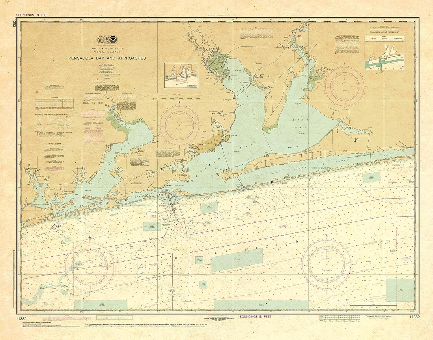 Paradise Cay Publications, Inc. Antiqued NOAA Chart 11382: Pensacola Bay and approaches