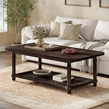 47" Rectangle Coffee Table, Solid Wood Center Table with 2-Tier Storage, Modern Farmhouse Coffee Tables for Living Room, Home & Family Room, Walnut