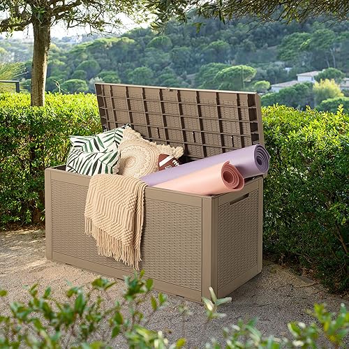 Vista 52 de Devoko Caja de resina de 120 galones, impermeable, para interiores y exteriores, contenedor de almacenamiento grande con cerradura para muebles