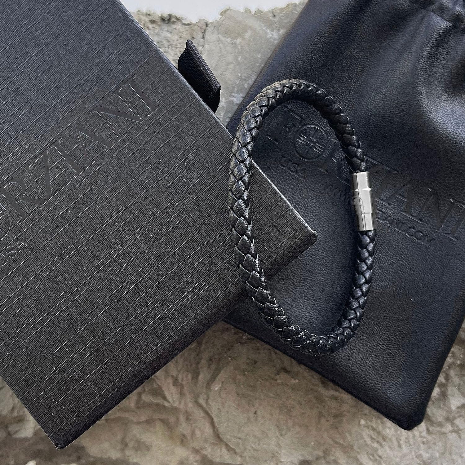Forziani Authentic Braided Black Leather Bracelet for Men - Genuine Leather Bracelet with Stainless Steel Closure - Sz Large - Gift Box Packaged - Mens Gifts
