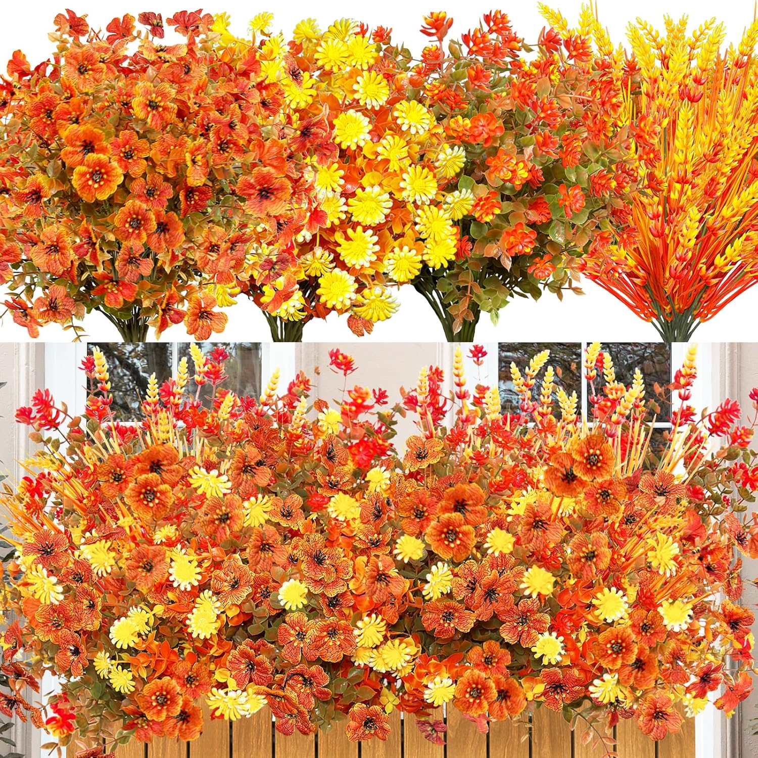 16 Bundles Fall Artificial Flowers for Outdoor, No Fade Faux Autumn Plants with Daisy Camellia Eucalyptus Lavender Stems for Front Door Porch Patio Yard Balcony Autumn Decor Thanksgiving Table