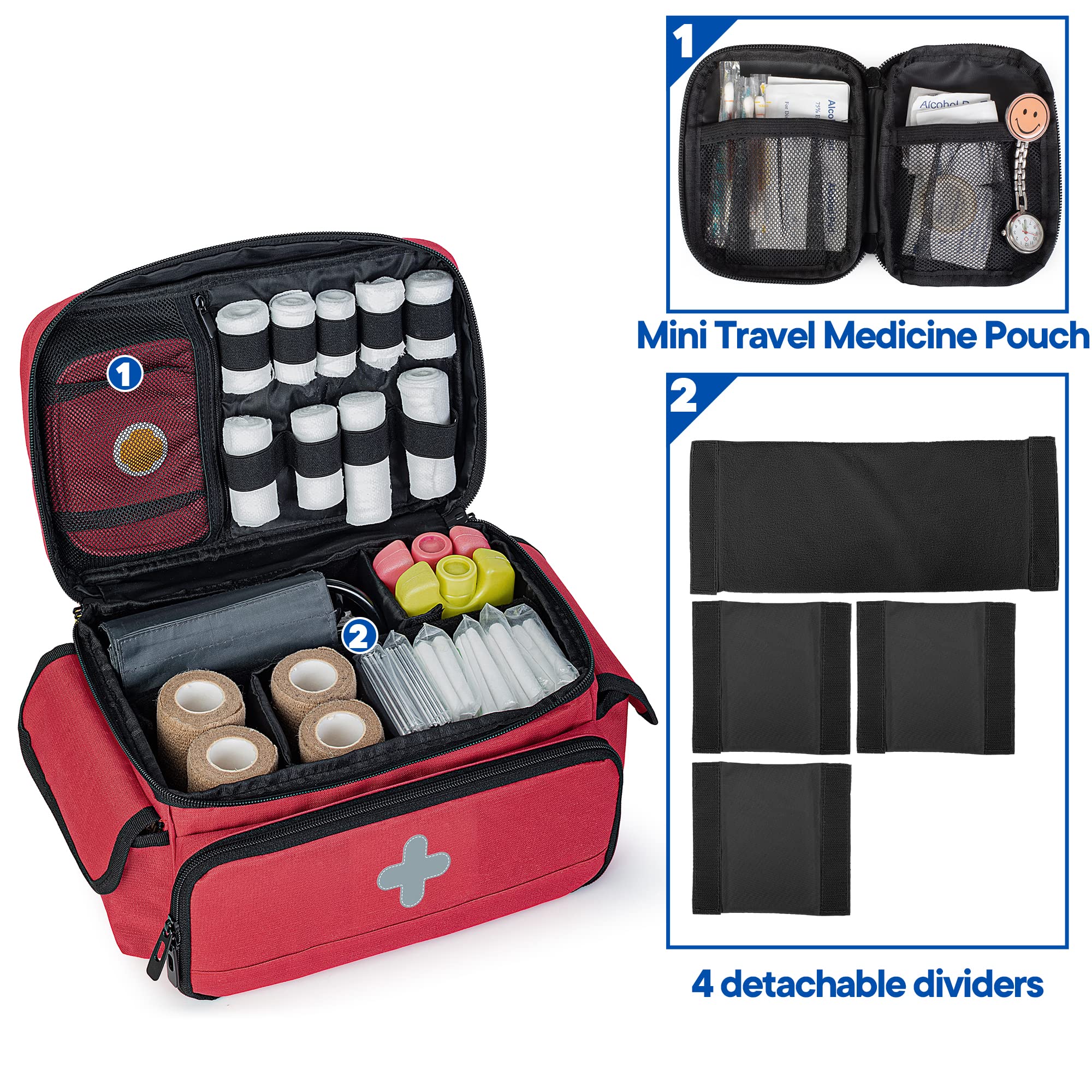 CURMIO Notfalltasche Leer, Erste Hilfe Set Tasche, Medizintasche, Rot | mit Klein Apothekentasche, Abnehmbaren Trennwänder, Reflexstreifen, Tragegriff, für Hausarzt/ Reise/ Outdoor,